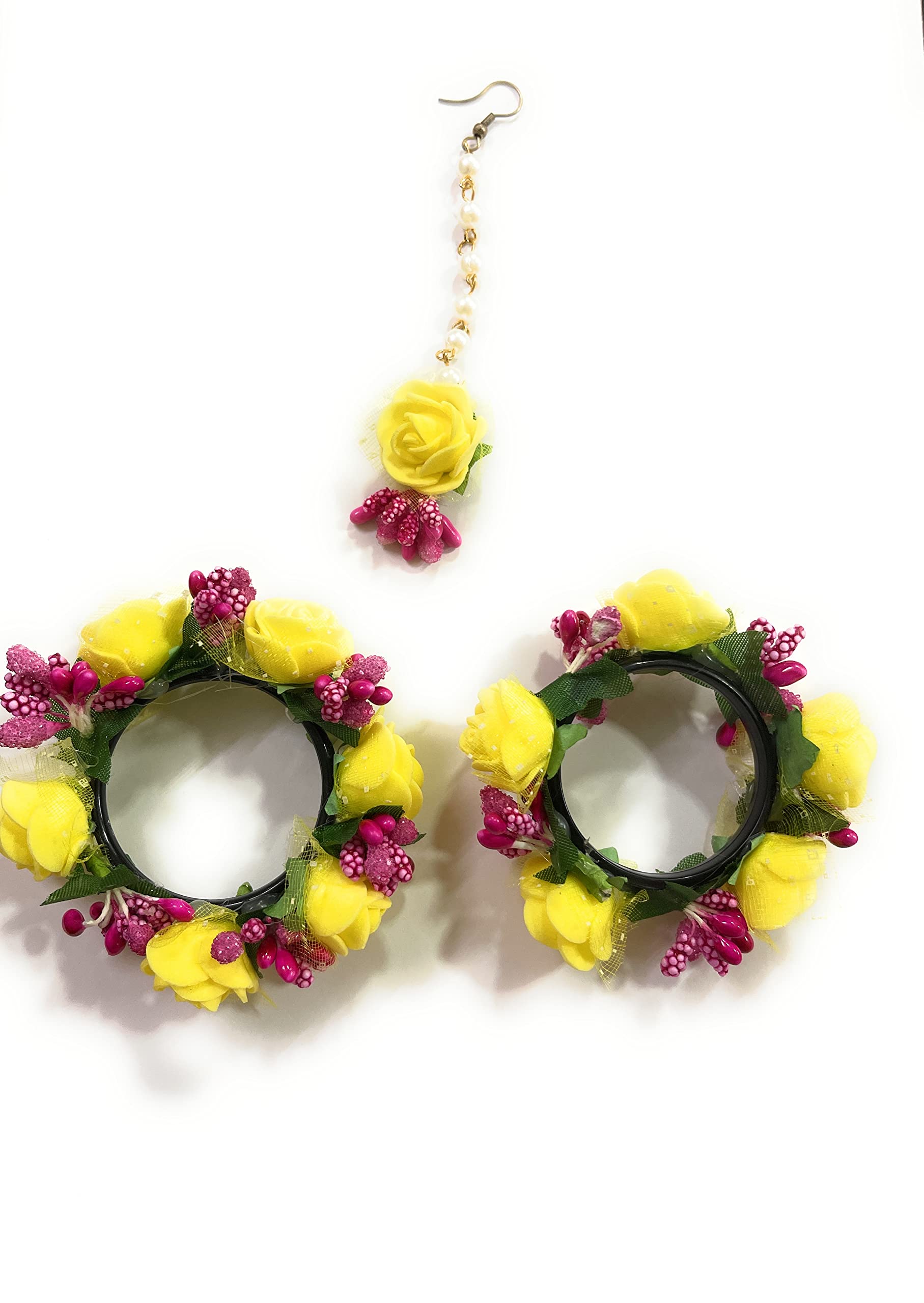 Agaas Enterprises Flower Jewellery Baby Girl/Kids Baby Girls Artifical flower Maang Tikka 2 Flower Bangles for Haldi Mehndi Function Birthday Return Gift for Kids (B07MC8JC45) Amazon Price History, Amazon Price Tracker
