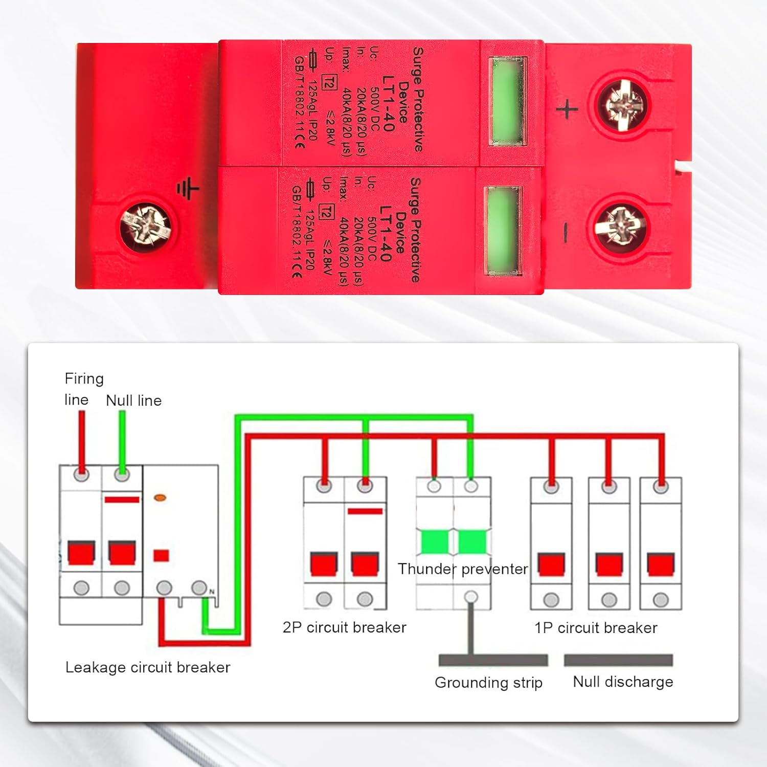 2 Pcs SPD Surge Protector, 2P 40KA DC Arrester with Visual Window and Rail Installation, for Home Solar System and Photovoltaic Panel 500VDC and 1000VDC (500VDC)