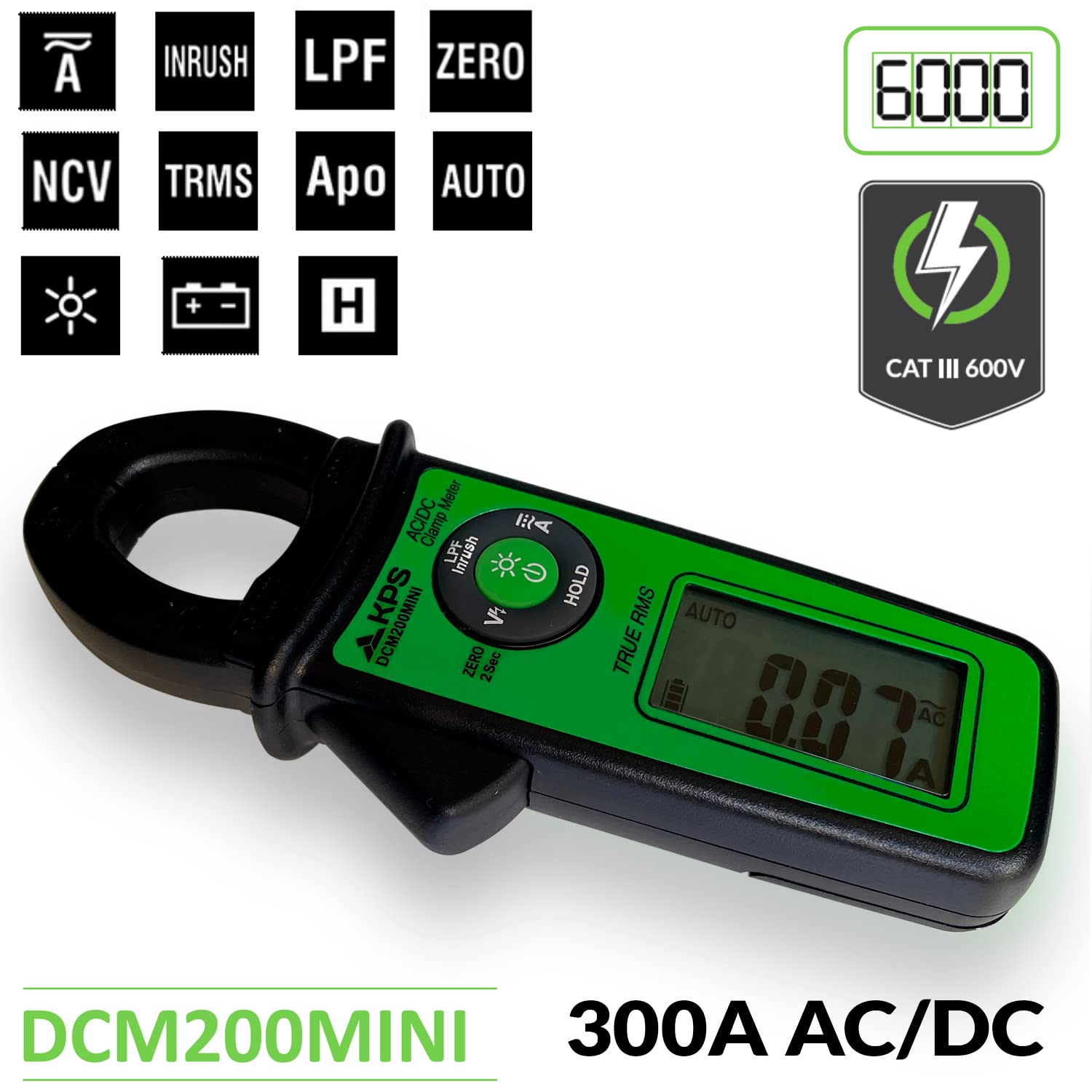 KPS-DCM200MINI Pinza Amperimétrica TRMS Corriente AC/DC 300A Autoescala LPF (Filtro Pasa Bajo) Corriente de Arranque Resolución 10mA 6.000 Cuentas