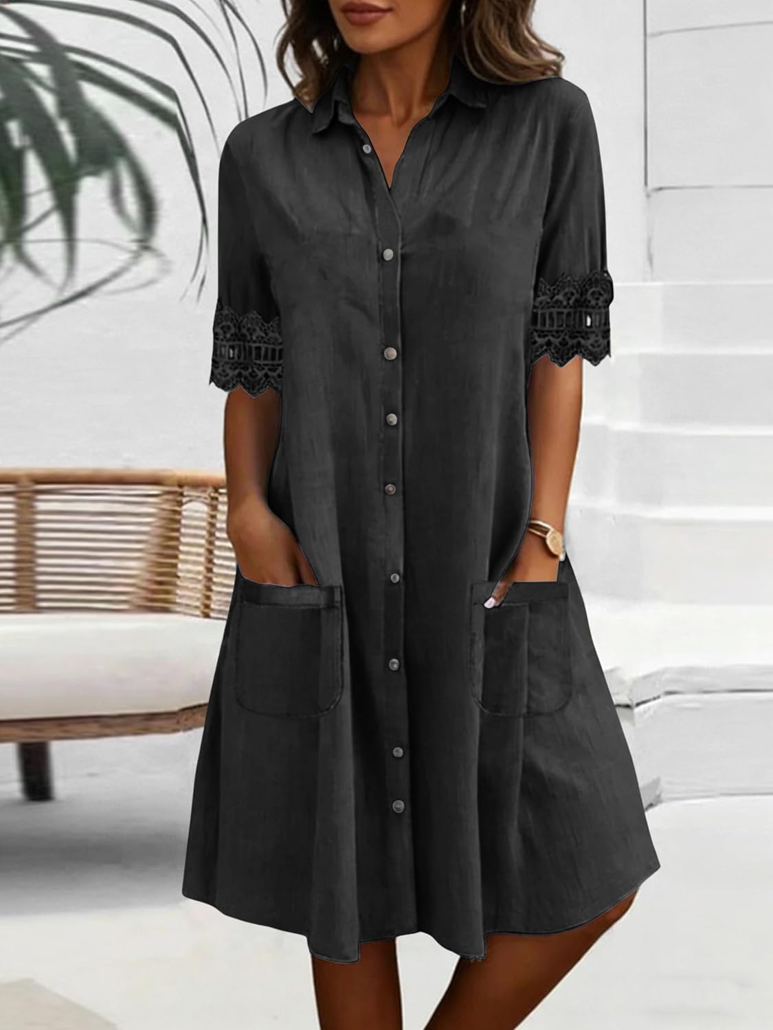 chouyatou Women's Casual Short Sleeve Denim Shirt Dress Button Down Tunic Shift Midi Long Jean Dress with Pockets