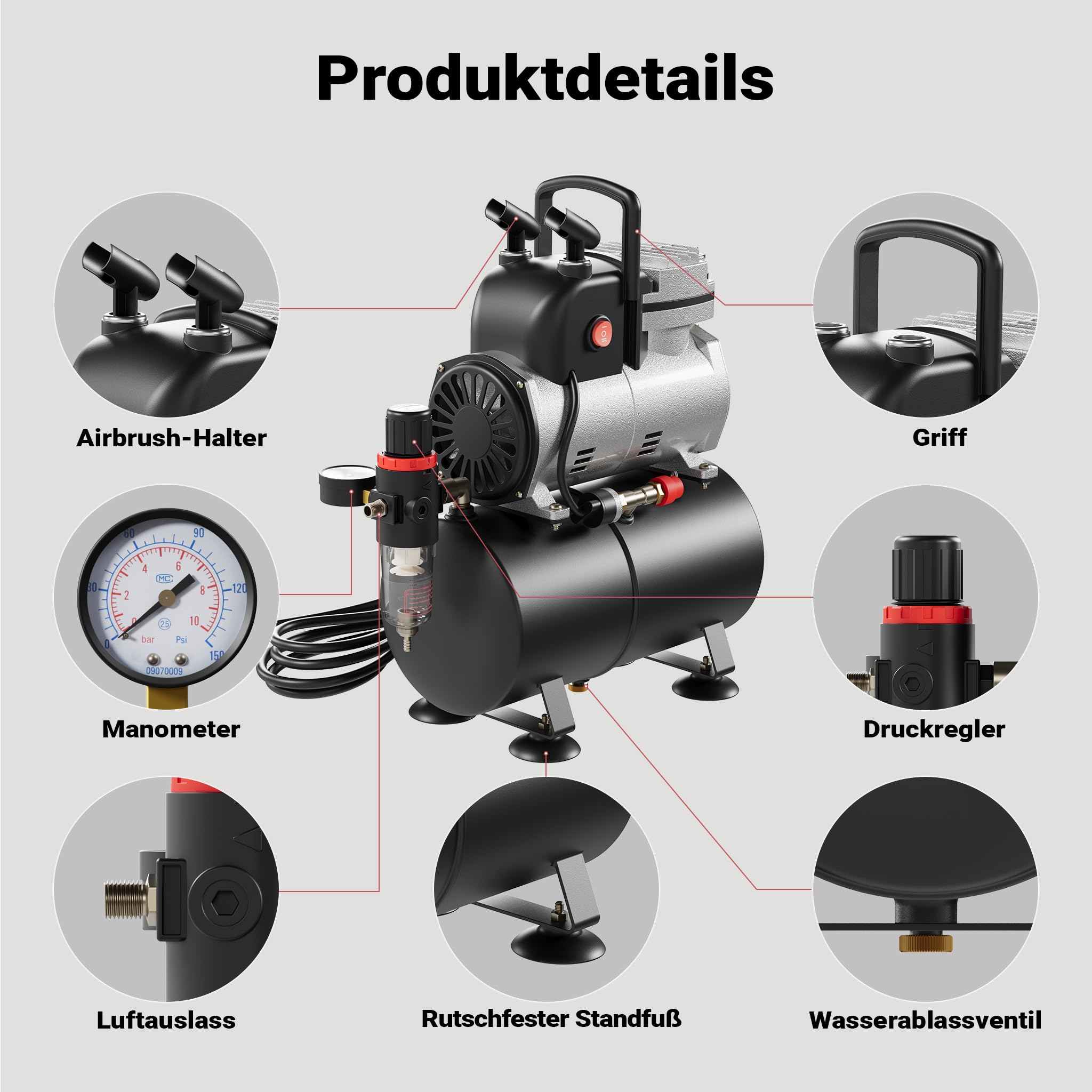 Wiltec Airbrush Einzylinderkolbenkompressor AF189 mit Lufttank, max. 6 bar Druck, Druckminderer, Wasserabscheider, Manometer, für Modellbau, Nailart, Tattoos