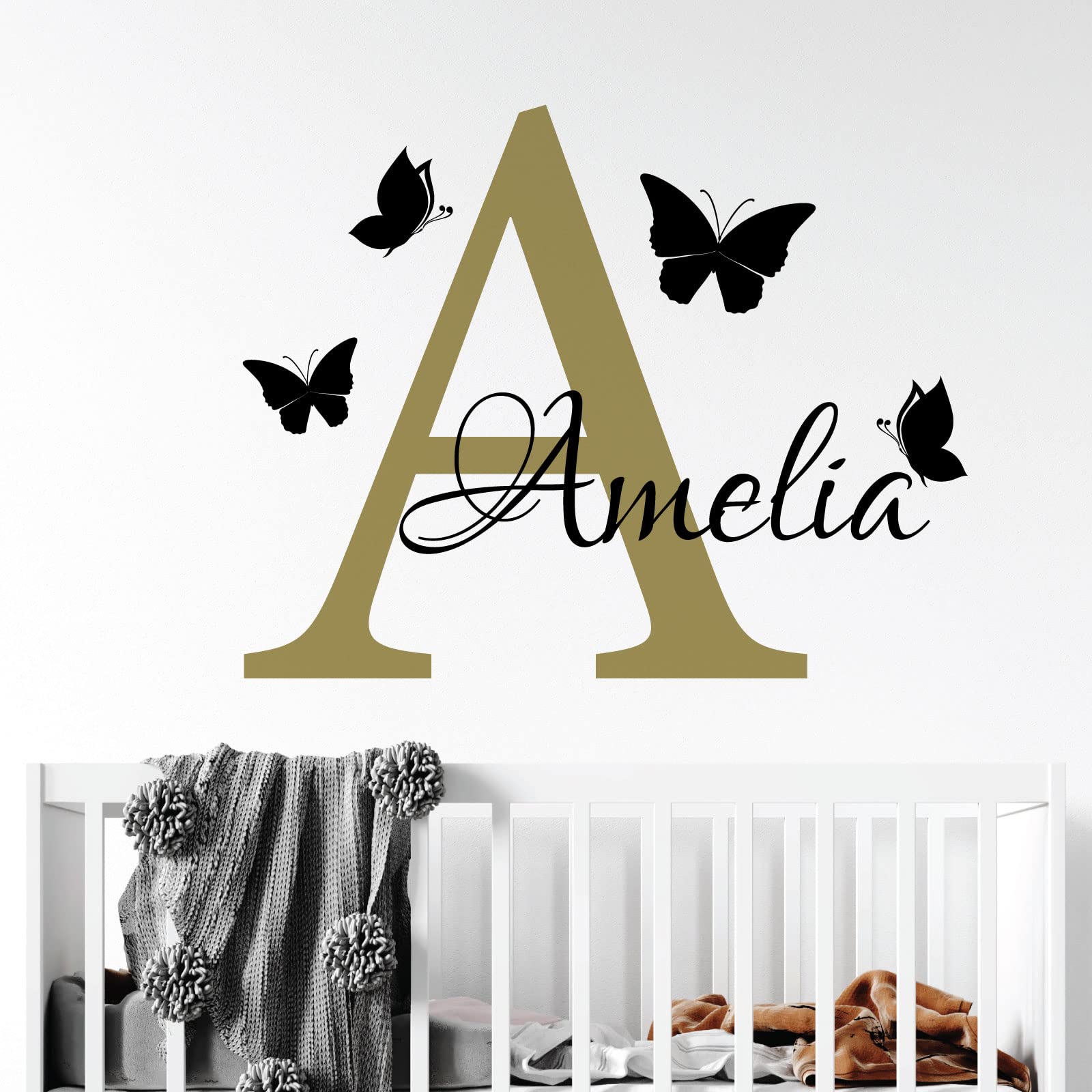 Personalised Name - Initial Letter and Butterflies - Baby Nursery Vinyl Wall Decal Sticker [Medium] [Gold]