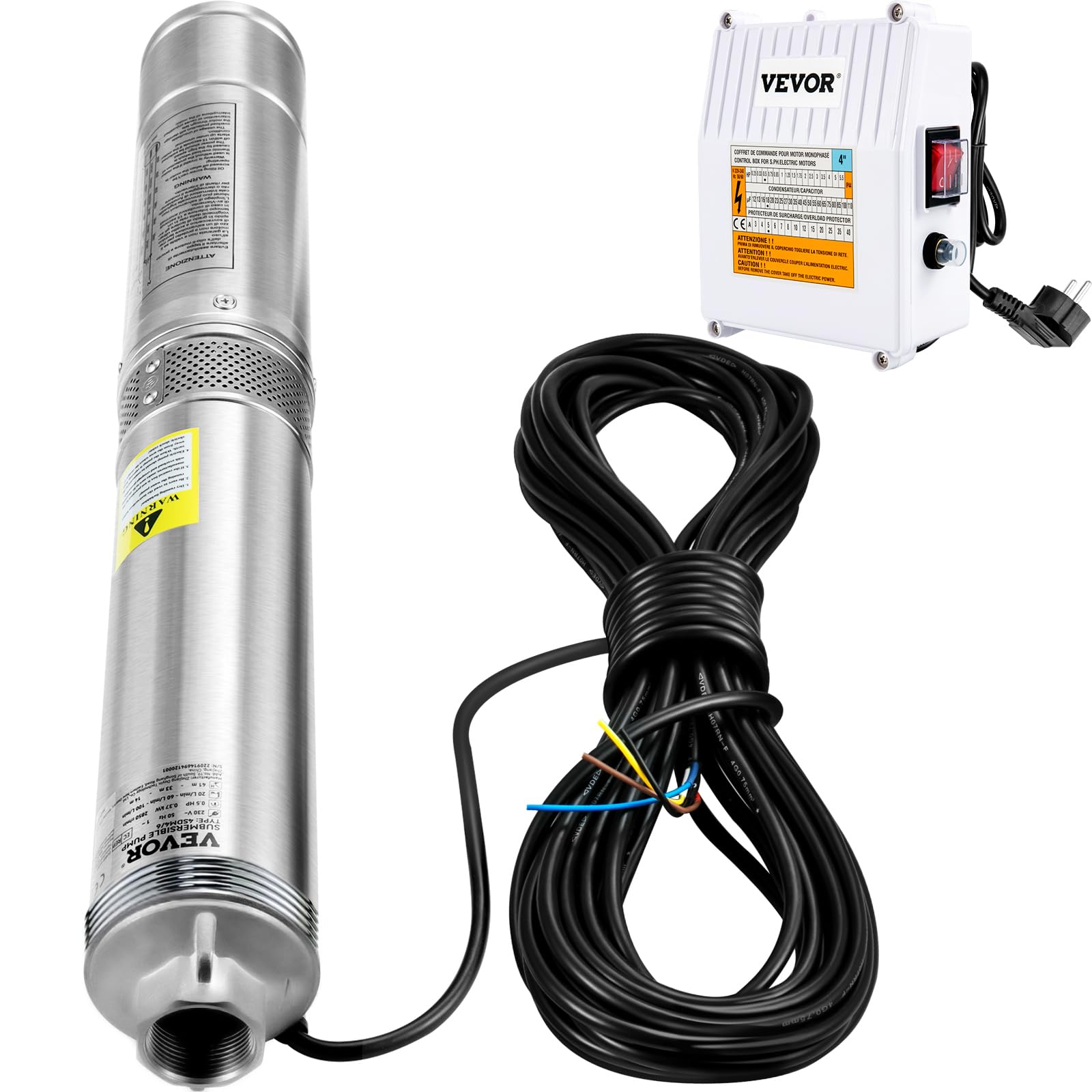 VEVOR Pompa Sommergibile d'Acqua 1100W Flusso max. 190 L/min per Piscina Giardino Orto in Acciaio Inox, Pompa Sommersa per Pozzi Profondi Prevalenza max. 57 m con Scatola Controllo Esterna Cavo 20 m