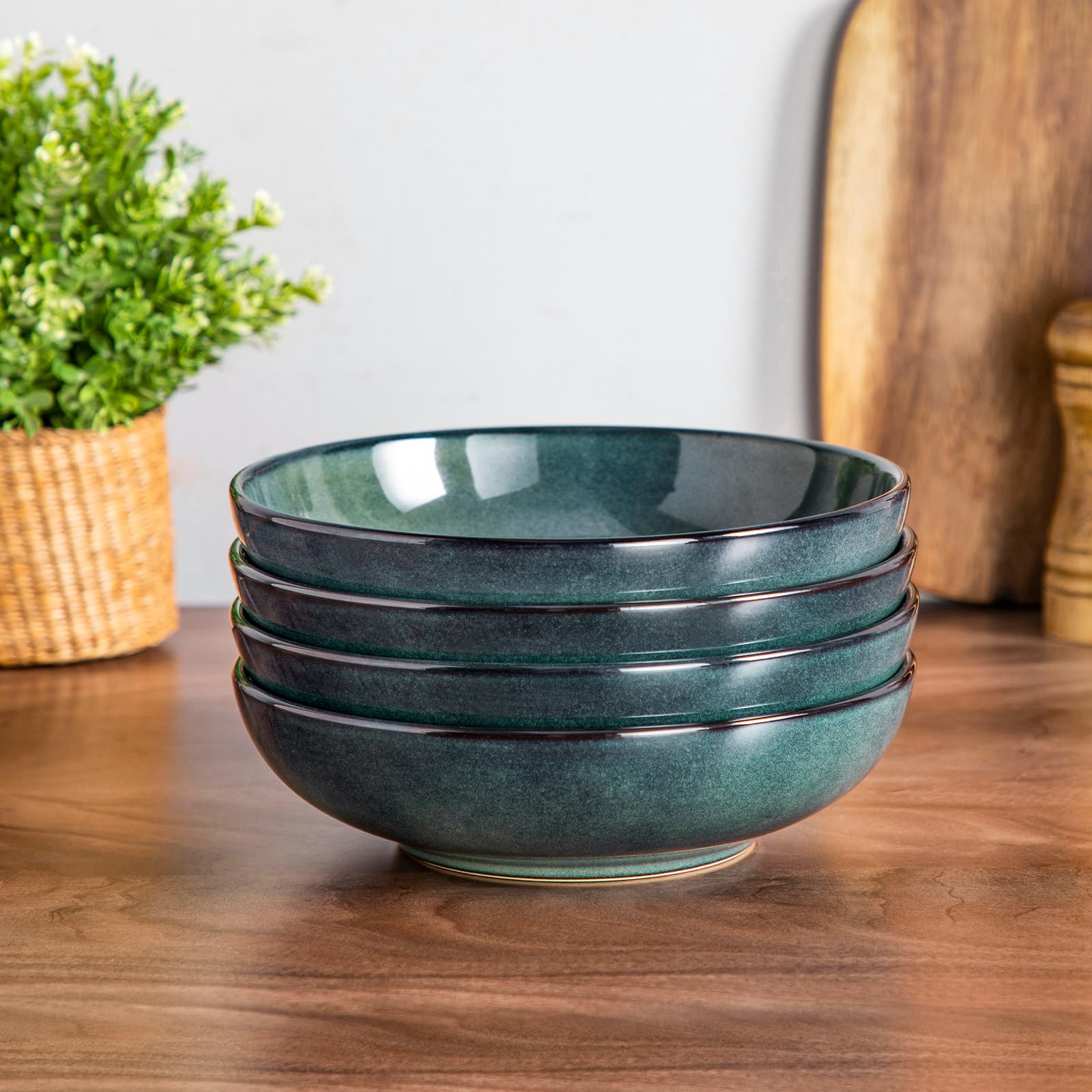 vancasso STERN 4 Cuencos para Pasta, 1140 ml, Ensaladas de Gres, Platos Hondos de Cena, Apto para Lavavajillas y Microondas, Esmaltado Reactivo Verde