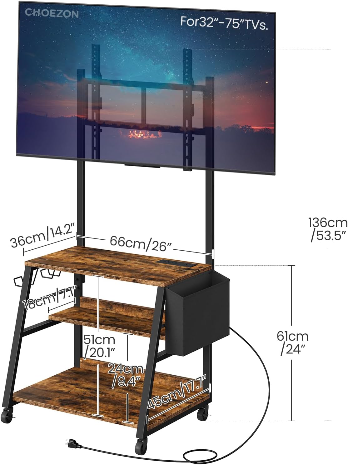 Mobile TV Stand with Charging Station, Adjustable Mount and Wheels, Rolling TV Console Table, Entertainment Center, for up to 75 inch TVs, 3-Tier Storage Shelf, Rustic Brown and Black TDS03UBF