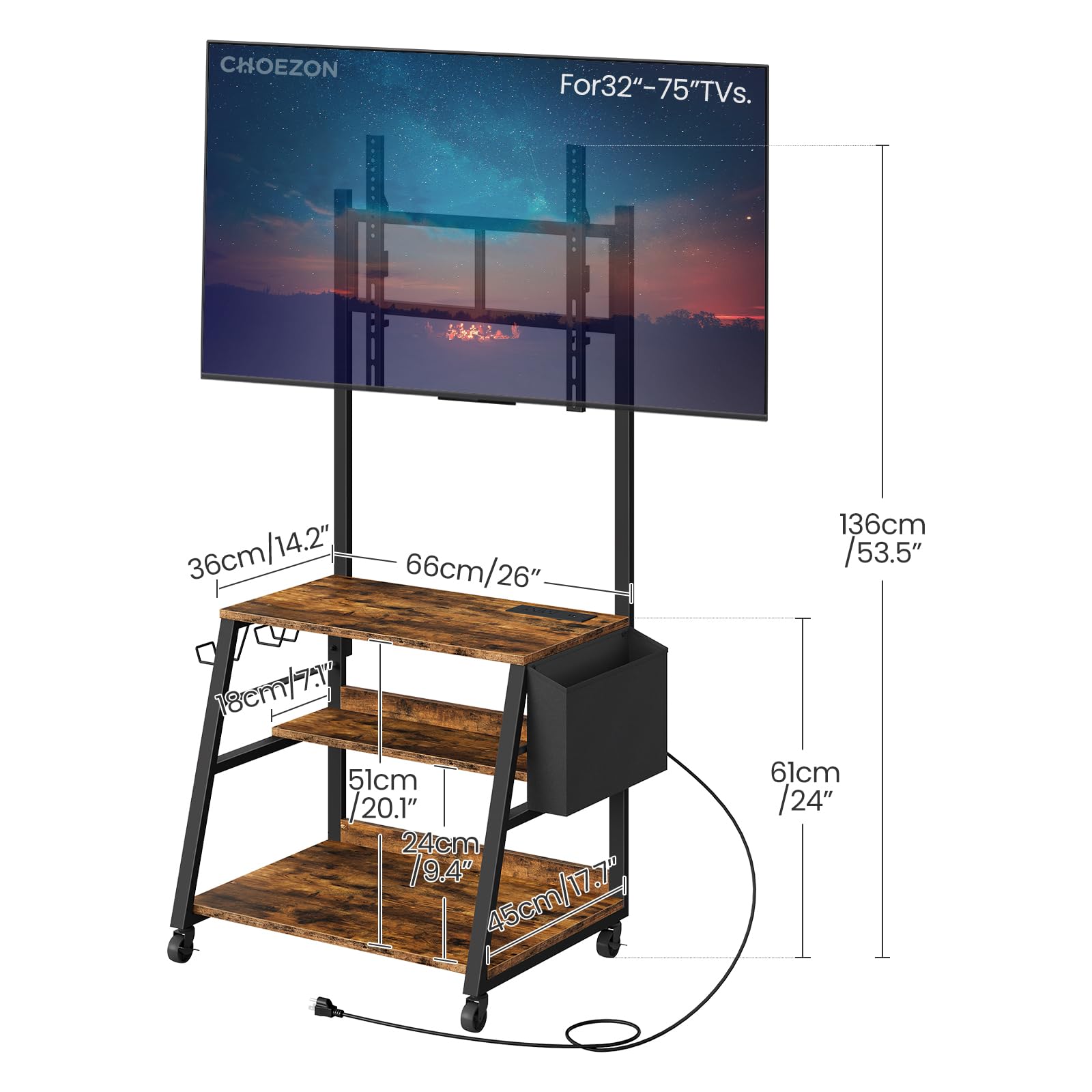 CHOEZON Mobile TV Stand con stazione di ricarica, supporto regolabile e ruote, tavolo console TV rotolante, centro intrattenimento, per TV fino a 75 pollici, ripiano portaoggetti a 3 ripiani, marrone