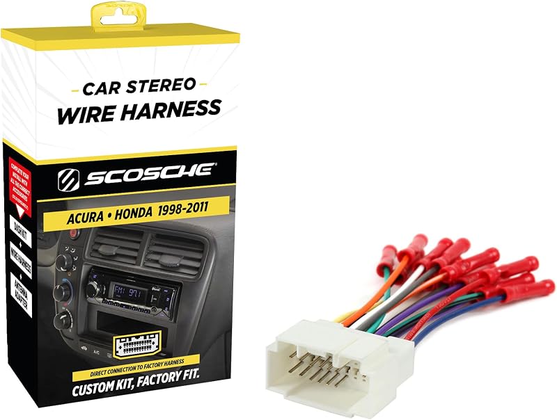 Scosche HA08BCB Arnés de cableado de radio de posventa con conectores de engarce para Acura y Honda selectos 1998-11 - Arnés de cables de radio de posventa para estéreo de automóvil - Consulte la lista de vehículos a continuación para su modelo