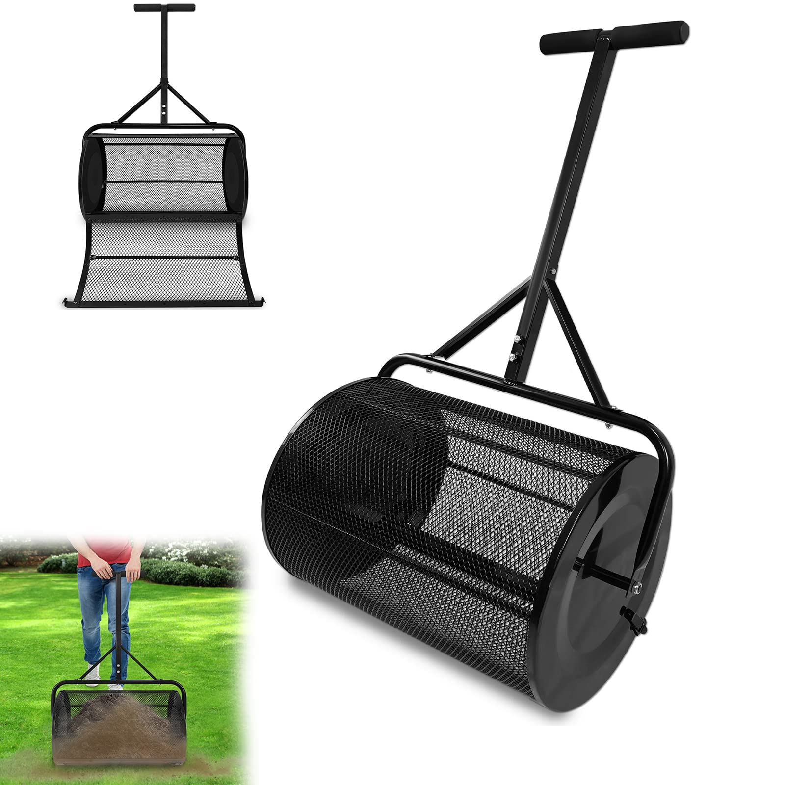 YRHome Kompoststreuer 80L Rasenstreuer Streuwagen Streumaschinen mit Metallnetzkorb und Griff Gartenstreuer Düngerstreuer Torfmoosstreuer Samenstreuer Kompost-Streuer Rasendünger für Rasen und Garten