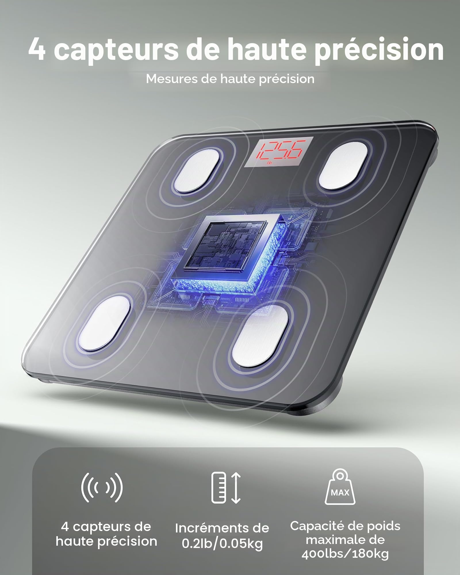 Pèse Personne Impédancemètre, FITINDEX Balance Connecté, Pèse-Personne Bluetooth Balance Salle de Bains Impedancemetre avec 13 Données Corporelles (BMI/Muscle/Graisse Corporelle/Masse Osseuse), Noir