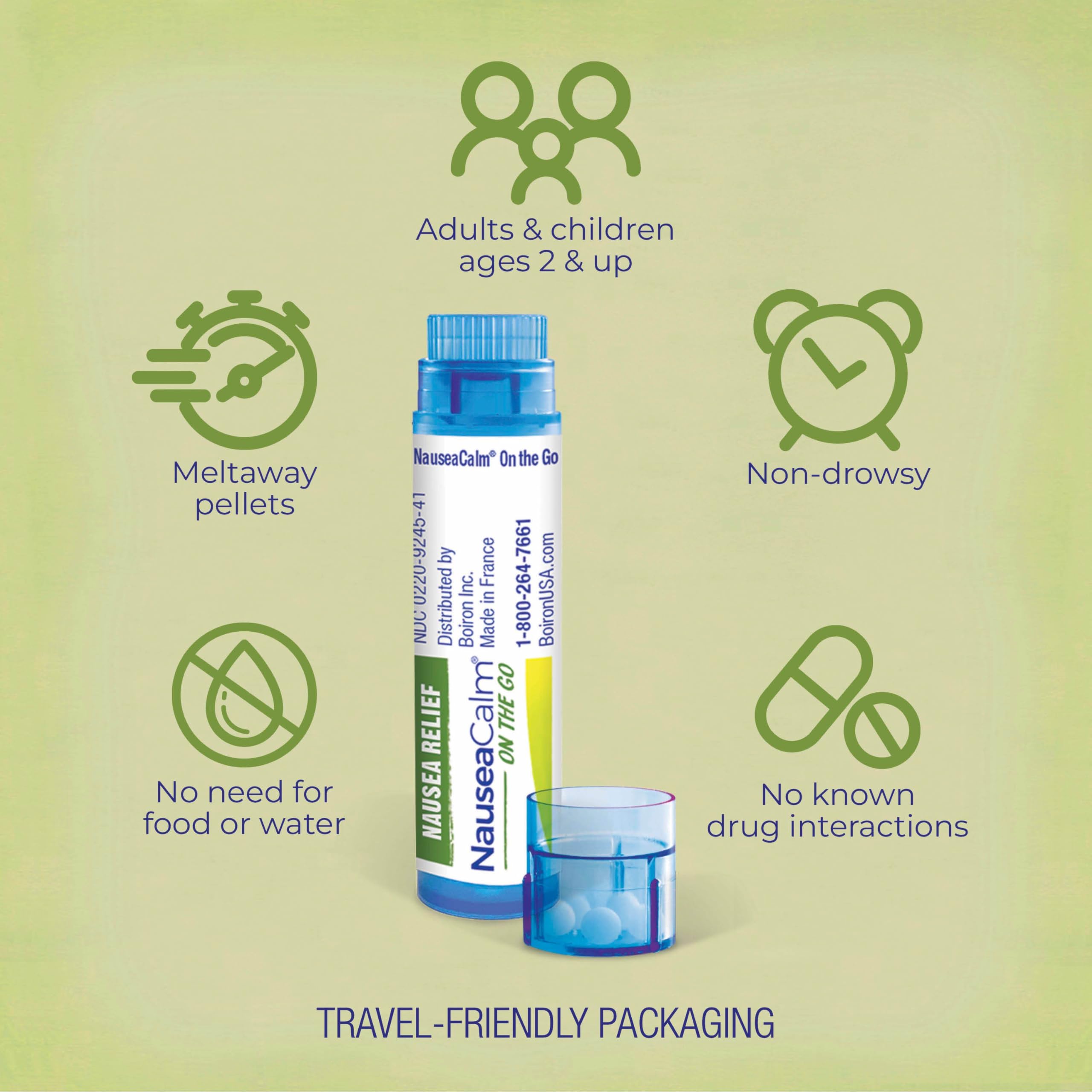 Boiron NauseaCalm On The Go Relief for Upset Stomach, Nausea, and Vomiting Due to Stomach Flu, Overindulgence, or Motion Sickness - Non-Drowsy - 2 Count (160 Pellets) — Amazon image 4