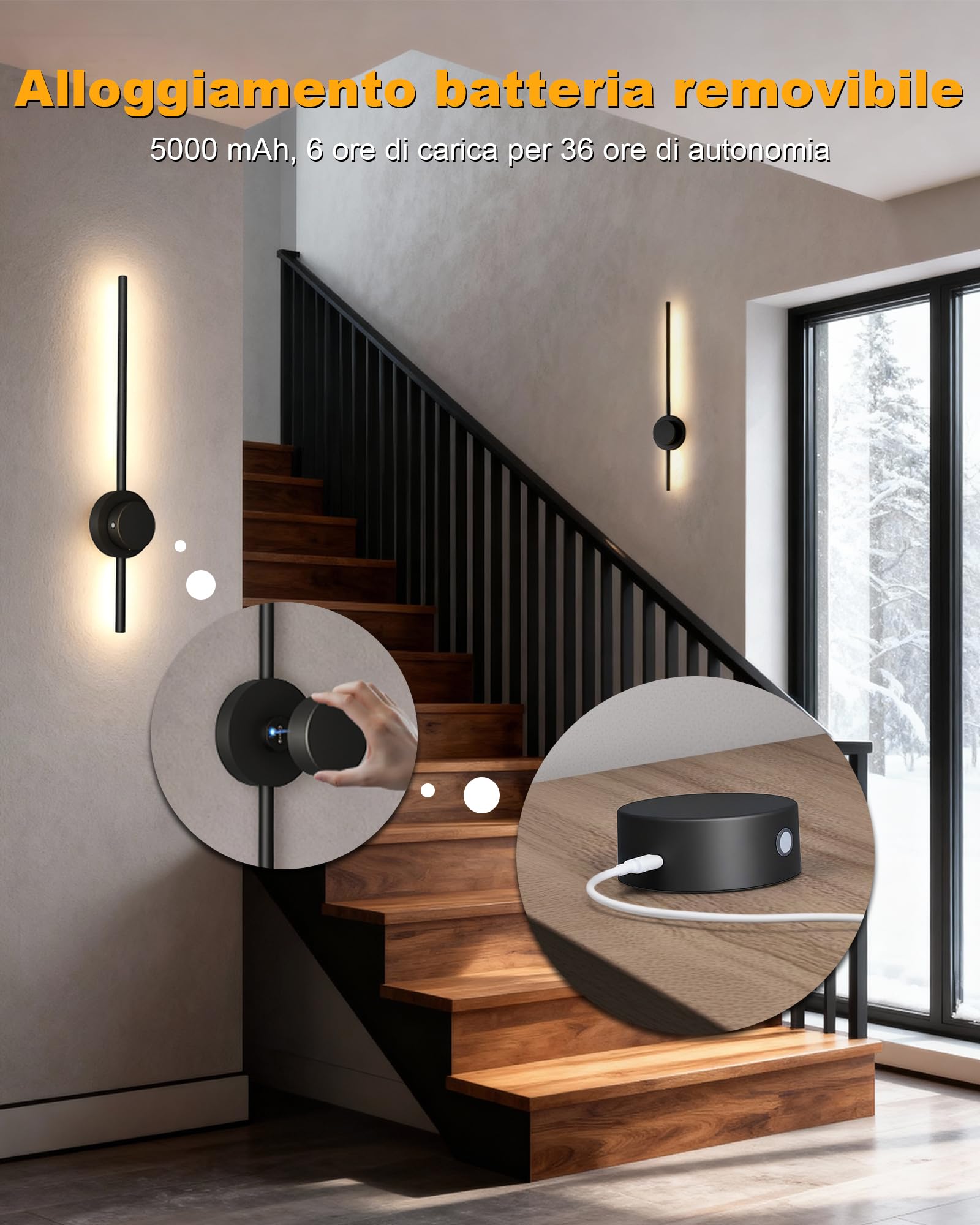 BRIMAX Applique a Parete LED 70CM Nero Senza Fili, 3000K-6500K | Batteria 5000mAh rimovibile, 3W, dimmerabile, controllo touch e telecomando, per soggiorno, corridoio, decorazione interna