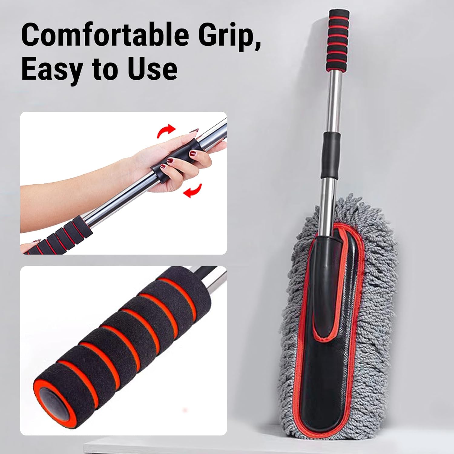 YeewayVeh Car Duster Exterior Scratch Free Microfiber Car Cleaning Brush, Extendable Handle Pollen and Dust Brush for Truck, SUV, Vehicles and Home Cleaning, Gray and Red - Image 4