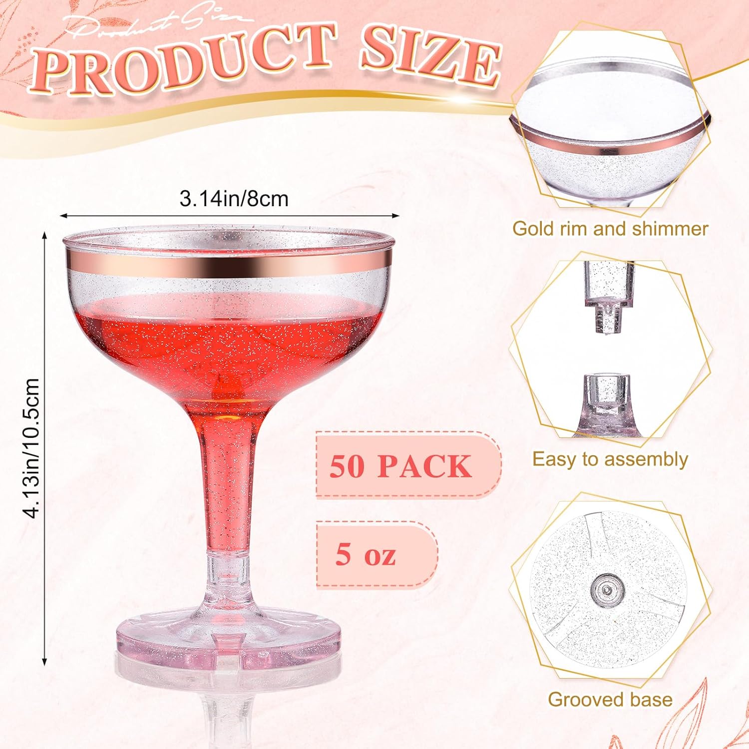 Zopeal 50 Pcs Plastic Champagne Tower Glasses 5 oz Plastic Coupe Disposable Cocktail Cup for Wedding Party Birthday Anniversary Stackable Reusable Martini Glasses (Rose Gold Rim,Sliver Glitter)