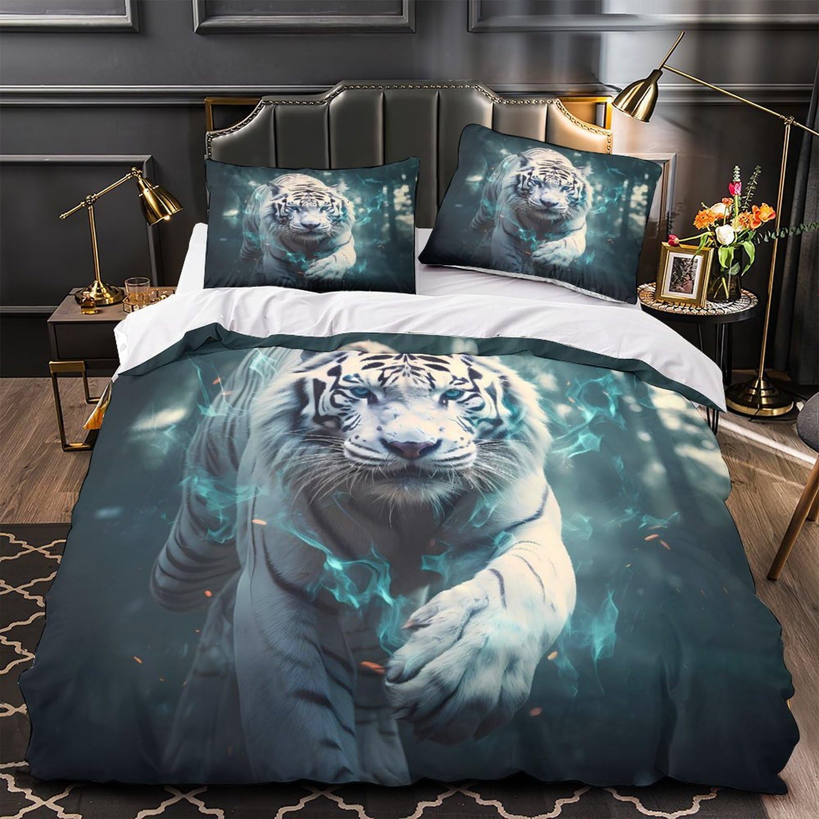 MMDASBVPE White Tiger Quilt Cover 3D Print Easy Care 3 Pieces Bed Set Hidden Zipper Fantasy Beast Duvet Cover Extra Soft Hypoallergenic for Adults Kids Teens Women Youth Single（140x200cm）