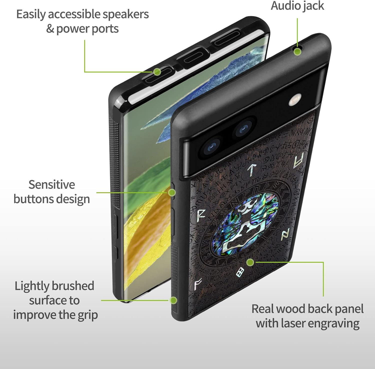 Carveit Designer Wooden Case for Google Pixel 6a Case Protective Cover [Wood Engraving & Shell Inlay] Unique Wood Phone Case Compatible with Pixel 6a (Thors Hammer-Blackwood)