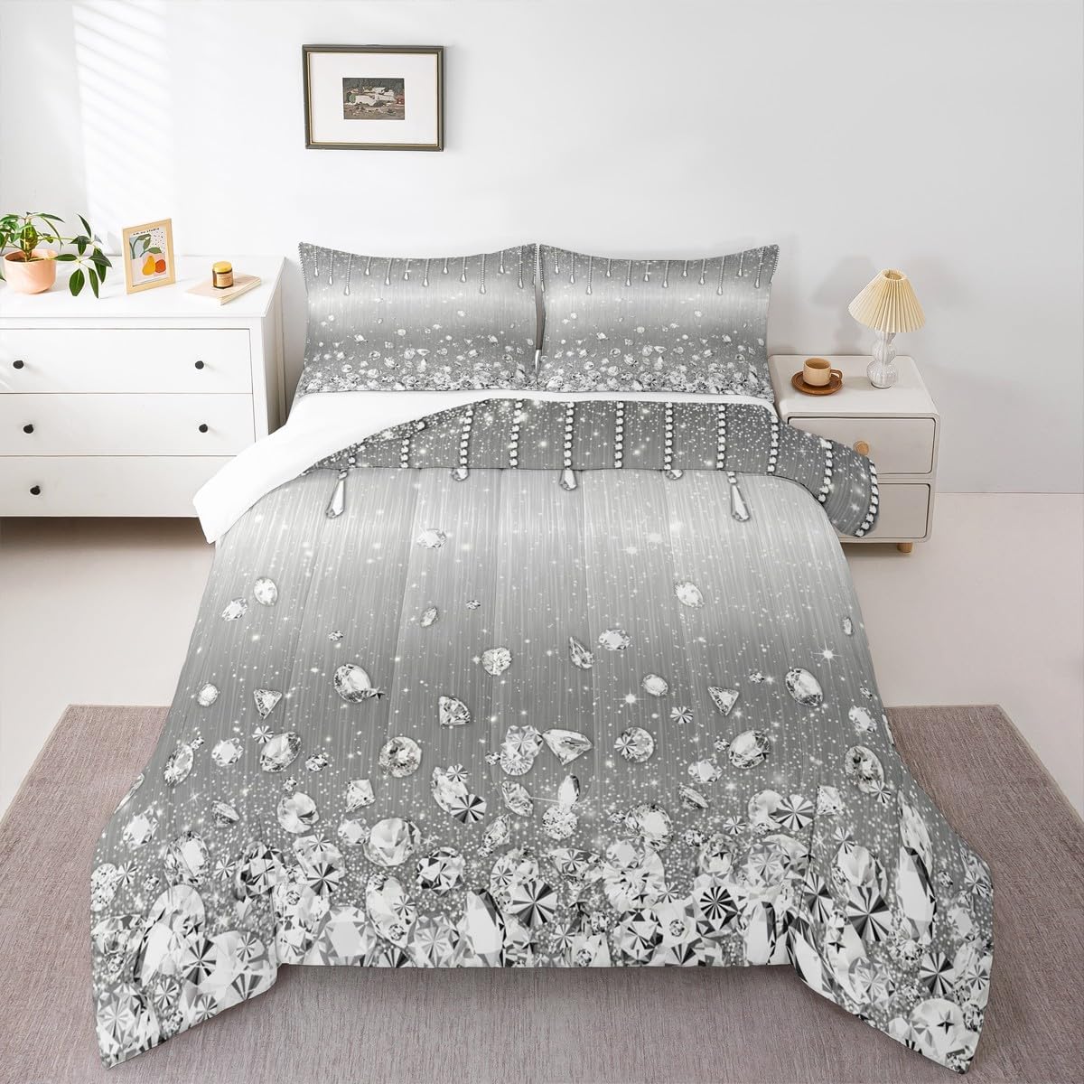 Geometric Ombre Stripes Comforter Set Queen Size,Silver Glitter Sequin Diamond Bedding Set,Kids Girls Boys Adults Room Decor,Princess Dreamy Down Comforter,Gray Romantic Duvet Insert,2 Pillowcases