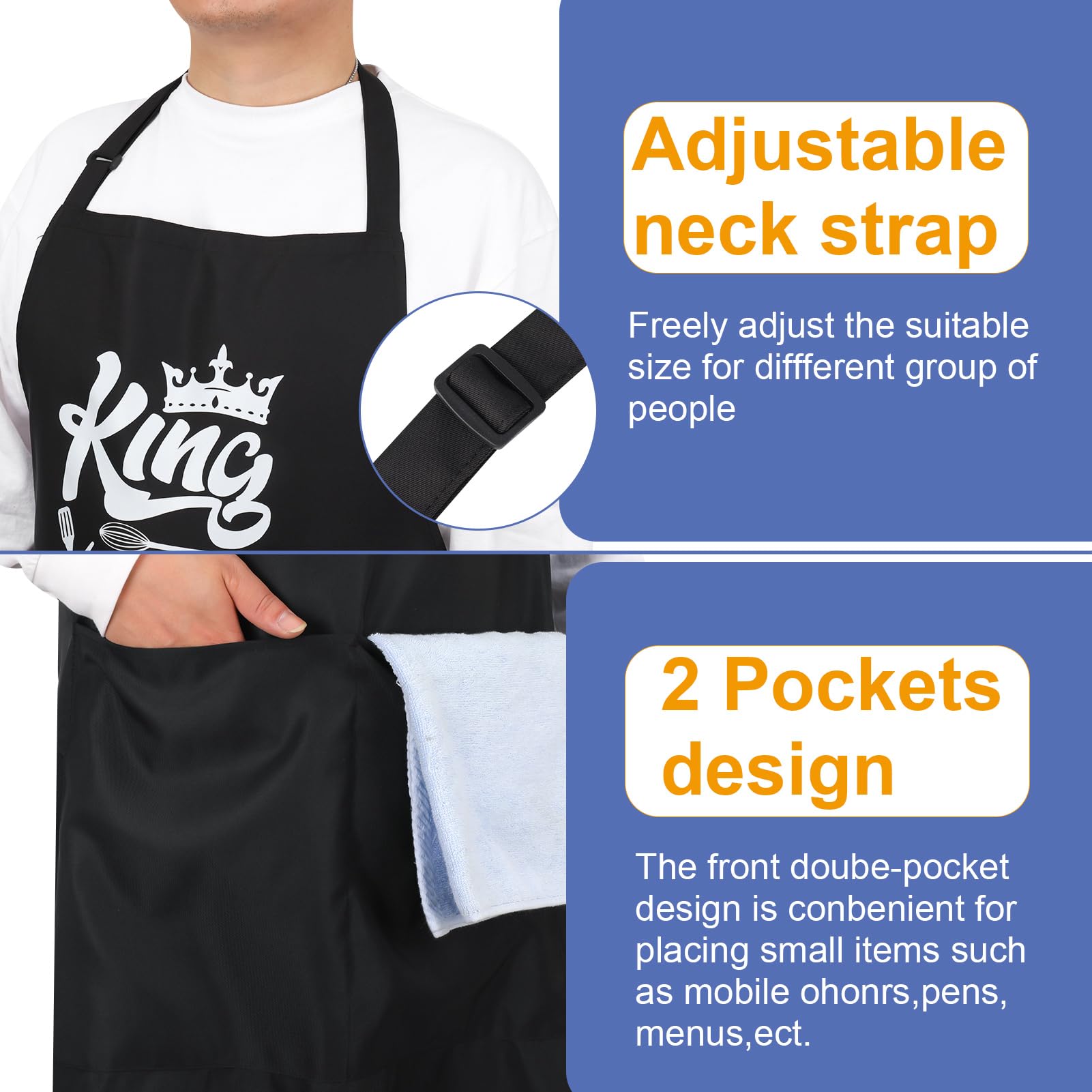 Delantales divertidos para hombres, 39 x 39 pulgadas, delantales de tamaño grande, delantales de cocina King of The Kitchen, delantales personalizados para hombres, delantales ajustables para