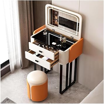 Elegant Makeup Vanity Set with LED Mirror Tempered Glass and Padded Stool 3 Drawer Dressing Table for Modern Bedroom Decor