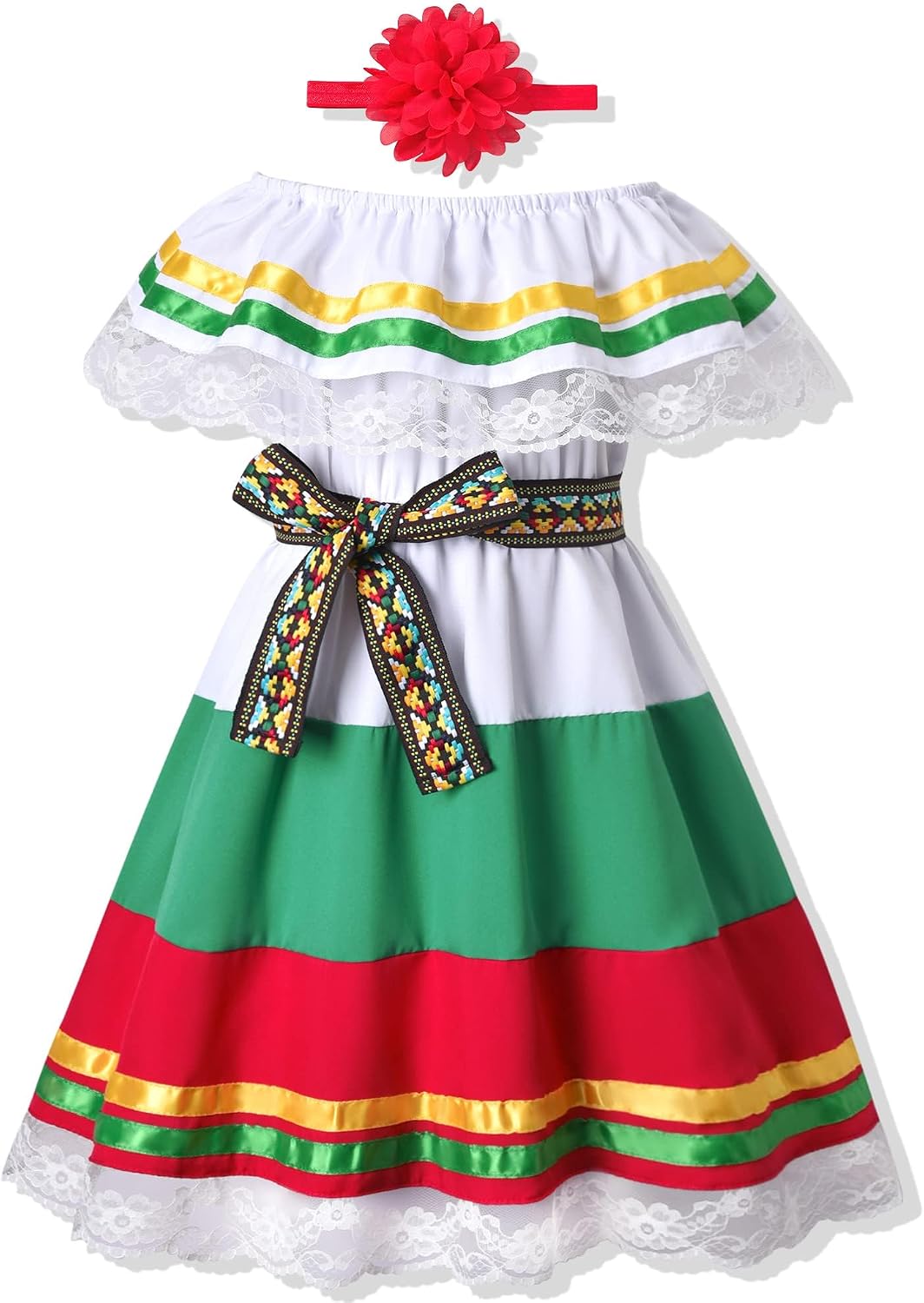 fioukiay Toddler Girls Mexican Dress Little Girl Off Shoulder Bowknot Traditional Color Block Dresses