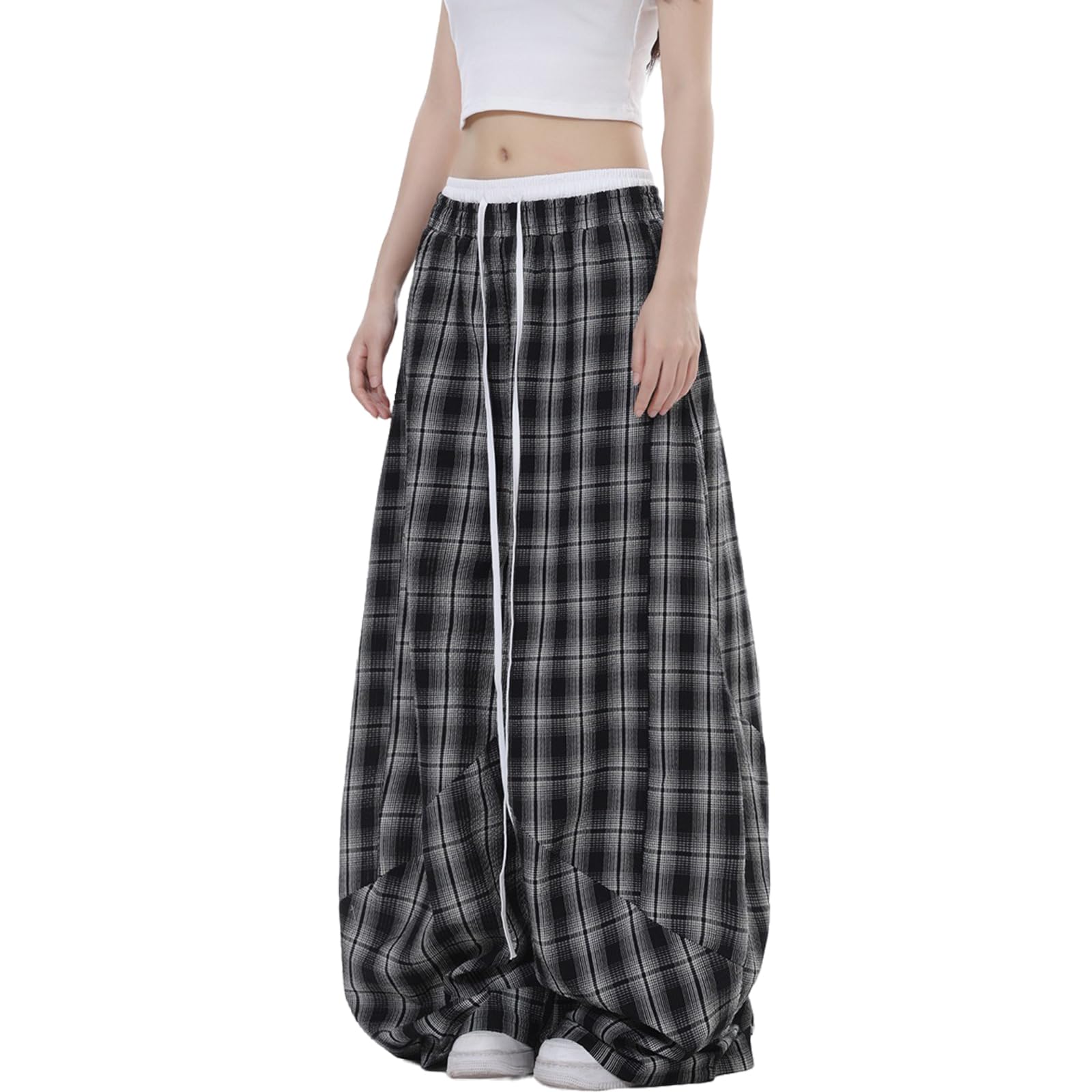 Damen Karo Locker Hose mit weitem Bein Kordelzug Elastische Taille Casual Baggy Trendige Y2K Streetwear mit Taschen