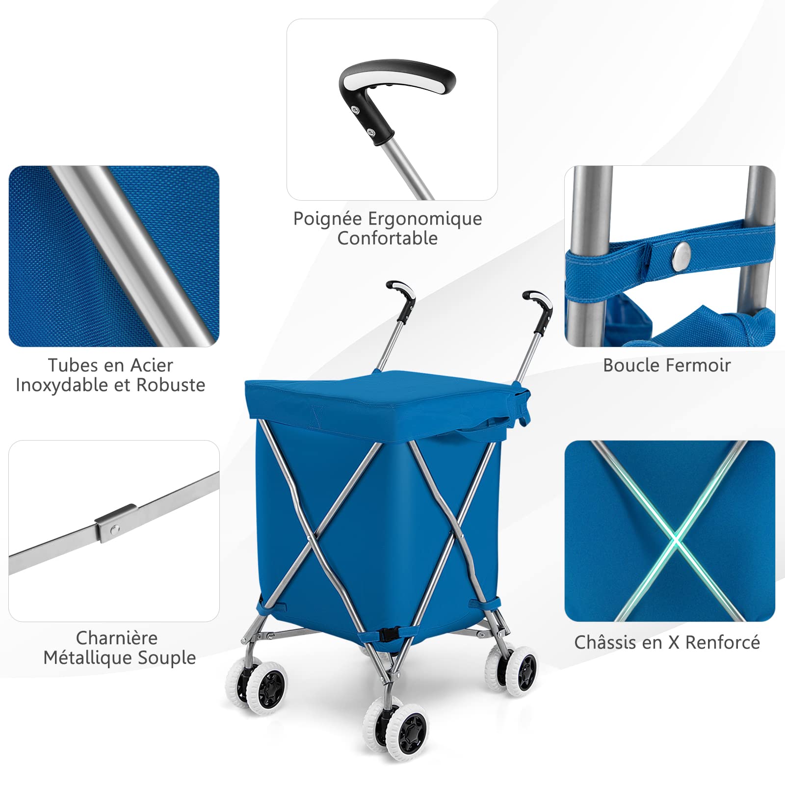 GYMAX Chariot de Courses Pliable, Caddie de Courses en Métal avec Sac 90L, Charge 55KG, Chariot à roulettes Portables pour Shopping/Supermarché/Camping