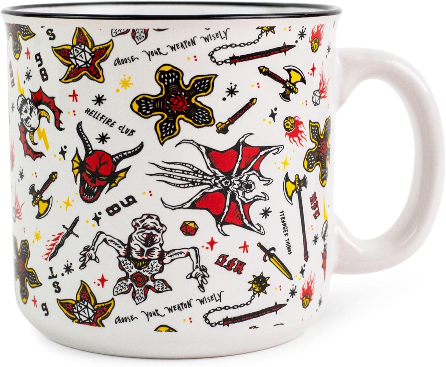 Silver Buffalo Stranger Things Hellfire Club Icons Ceramic Camper Mug | BPA-Free Travel Coffee Cup For Espresso, Cocoa, Tea | Holds 20 Ounces