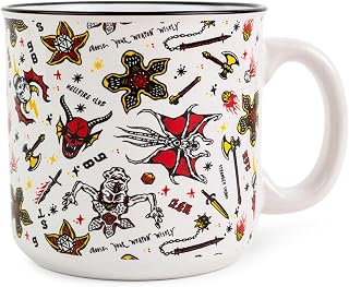 Silver Buffalo Stranger Things Hellfire Club Icons Ceramic Camper Mug | BPA-Free Travel Coffee Cup For Espresso, Cocoa, Tea | Holds 20 Ounces