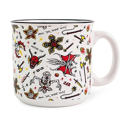 Stranger Things Hellfire Club Icons Ceramic Camper Mug | BPA-Free Travel Coffee Cup For Espresso, Cocoa, Tea | Holds 20 Ounces