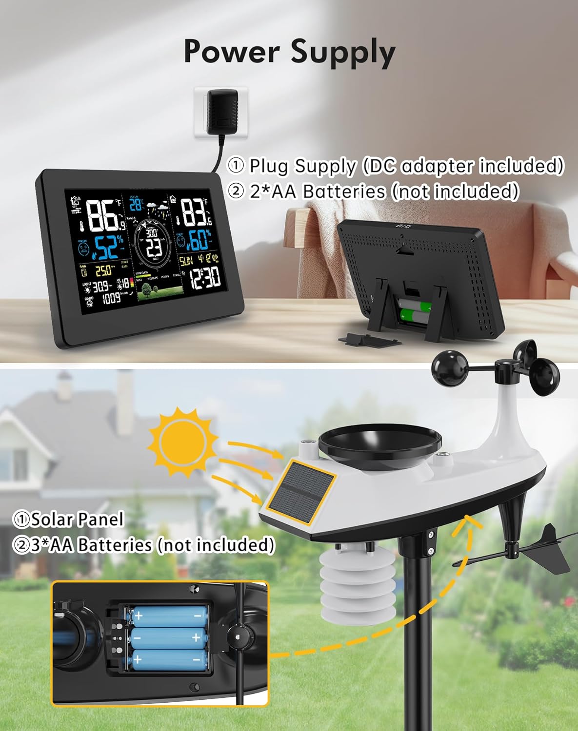 WiFi Weather Station Wireless Indoor Outdoor, Thermometer with Rain Gauge and Wind Speed/Direction, Large Display for Weather Forecast, Temperature, Humidity, Clock, Alarm, UV, Air Pressure