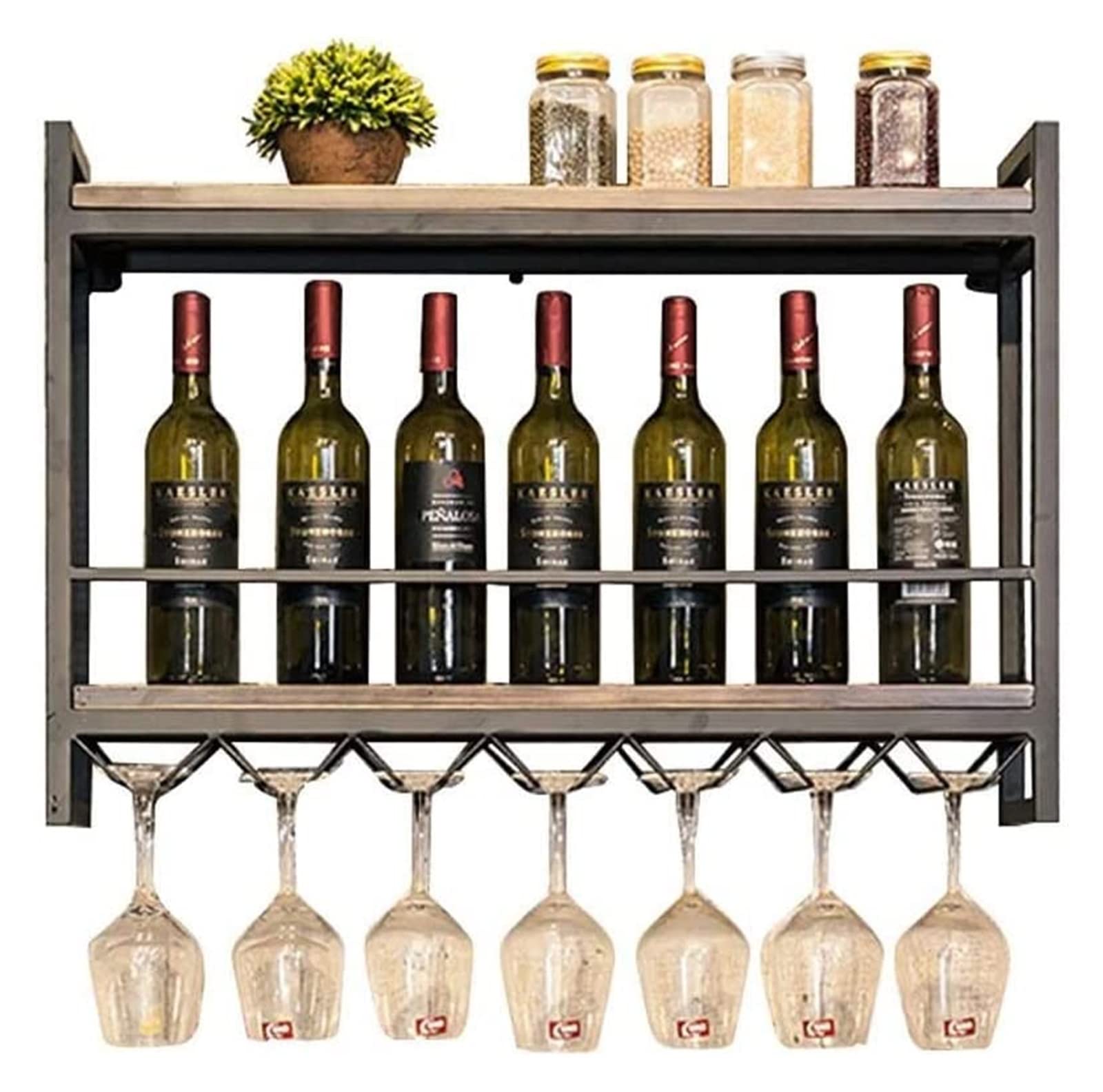 Étagère à bouteilles murale vintage en bois et fer forgé avec support verres
