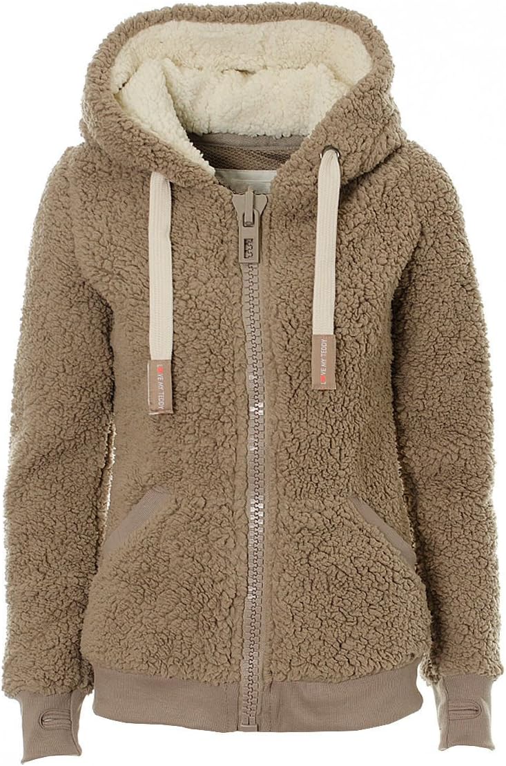 Kooos New Ladies Womens Soft Teddy Sherpa Fleece Hooded Jumper Hoody Jacket Coat (Taupe Medium)