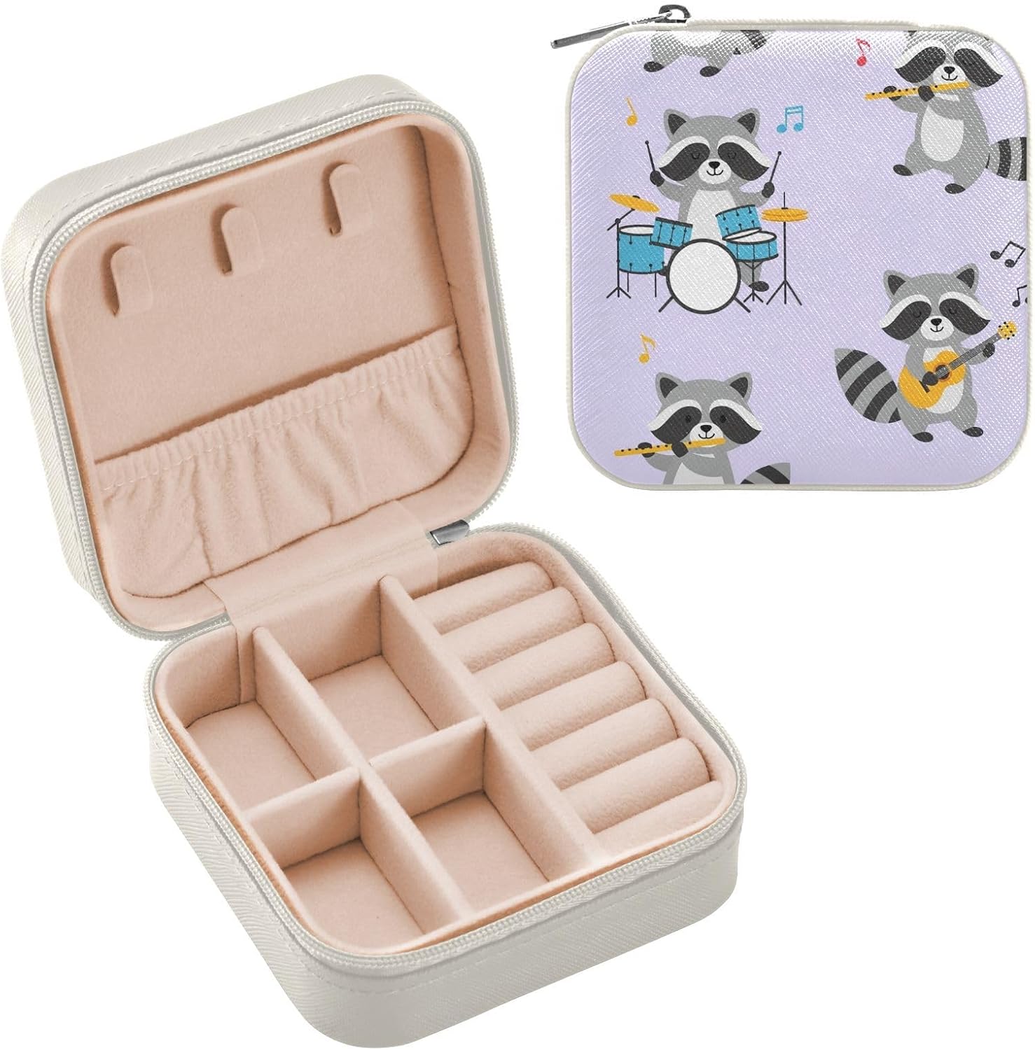 GuoChe Raccoon Music Band Pattern Leather Mini Jewelry Case Travel Jewelry Case Organizer Earring Organizer Box for Earrings Necklaces Earrings Storage Gifts for Girls Portable