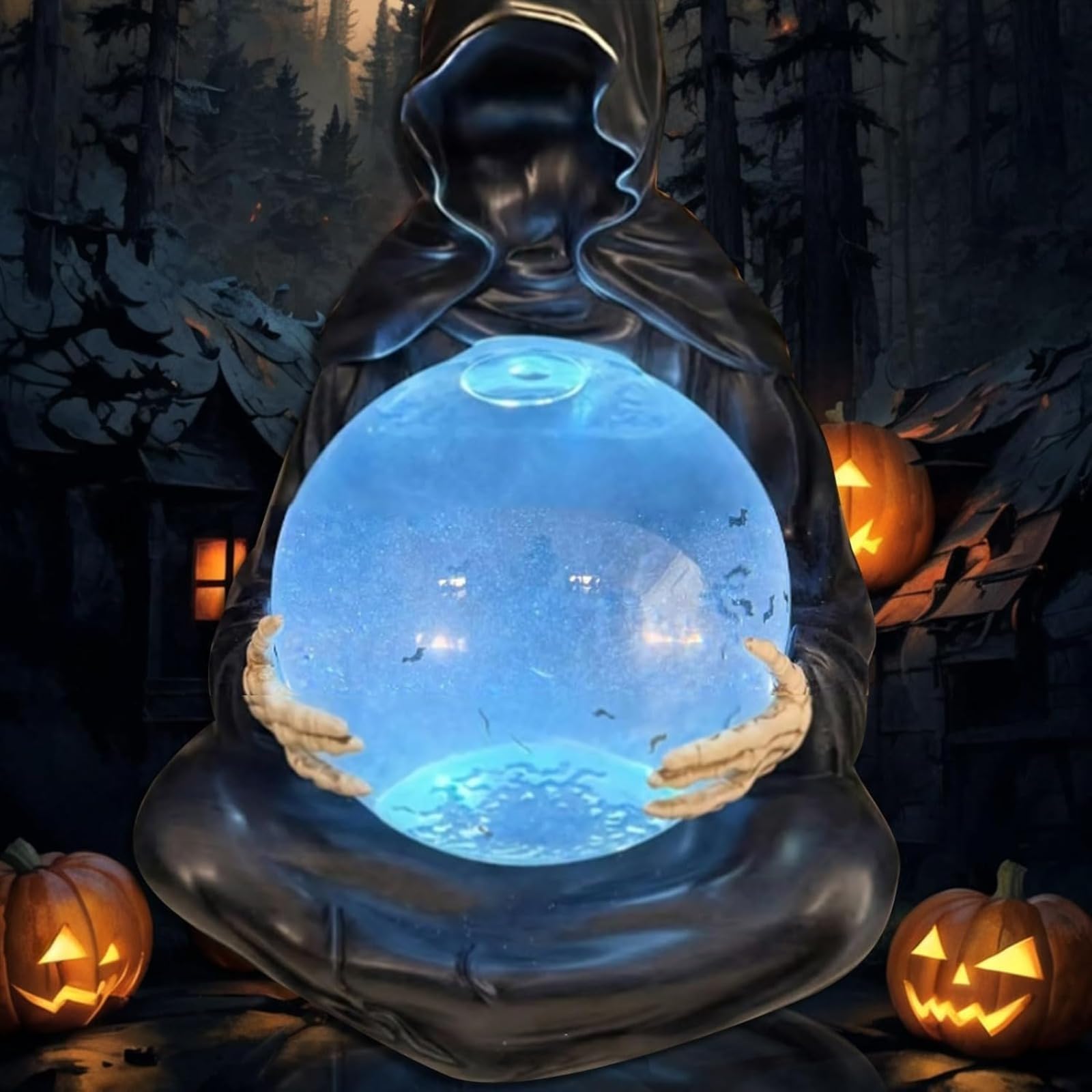 Statua Ponurego Żniwiarza z Latającymi Nietoperzami Kryształowa Kula Nowy Halloween LED Light Ponury Żniwiarz Świecące Kryształowe Kule, Figurka Śmierci Boga Halloween, Tajemnicza Figurka Nietoperza