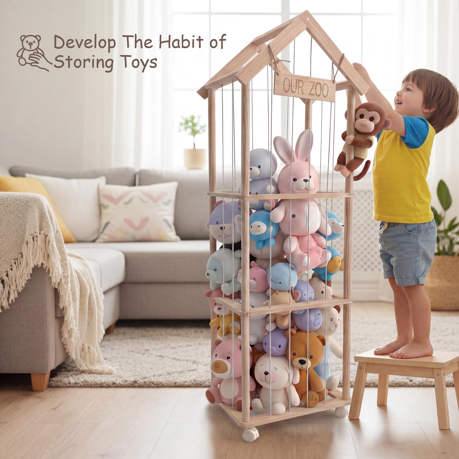360° Drehbar Kuscheltier Aufbewahrung - Robuste Stofftier Aufbewahrung - Holz Kuscheltier Organizer - Stuffed Animal Storage für Spielzimmer Kinderzimmer Schlafzimmer Wohnzimmer 42x32x143 cm
