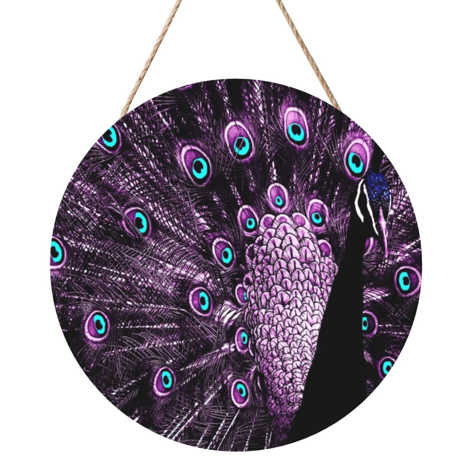 InOmak Purple Peacock, Round Wood Panel Painting 12 in, Wall Hanging Painting For Home