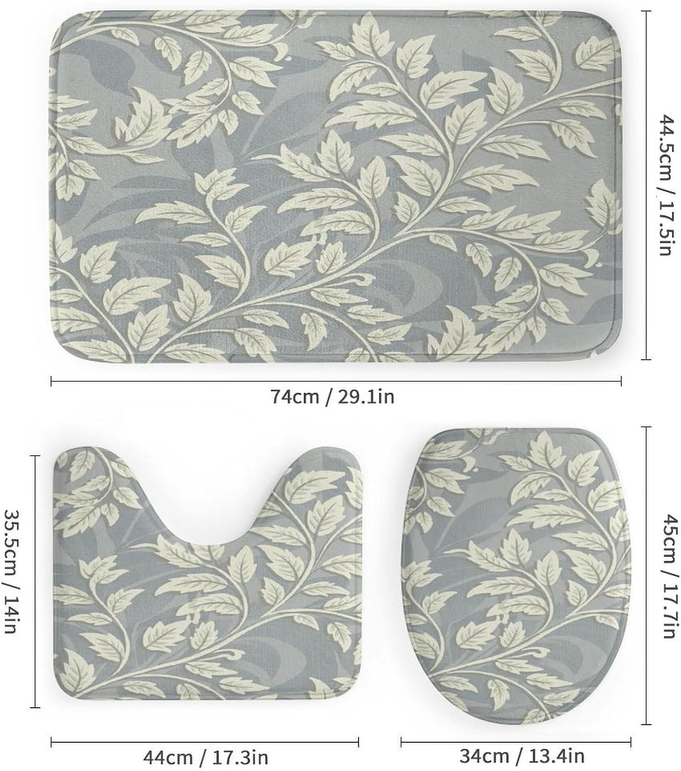 Bathroom Mat Set, Vintage Cream Leaf Pattern Printed on Bathroom Curtain Sets with Rugs, Designed for Farmhouse Boho Contemporary Bathrooms, 72 x 72 inches