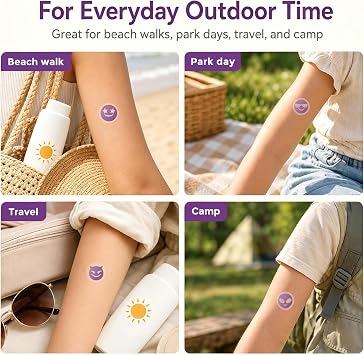80 Pack Sunscreen Reminder Stickers, UV Stickers for Sunscreen Reapply Reminder, Color-Changing Visual Reminder Stickers to Help Check and Reapply Sunscreen for Kids Adults Outdoor Use,4 Fun Shapes