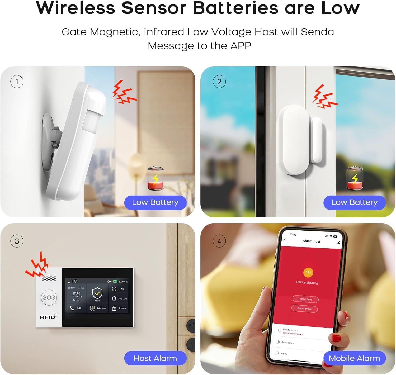 Diagram showing low battery alerts for wireless sensors and the main host