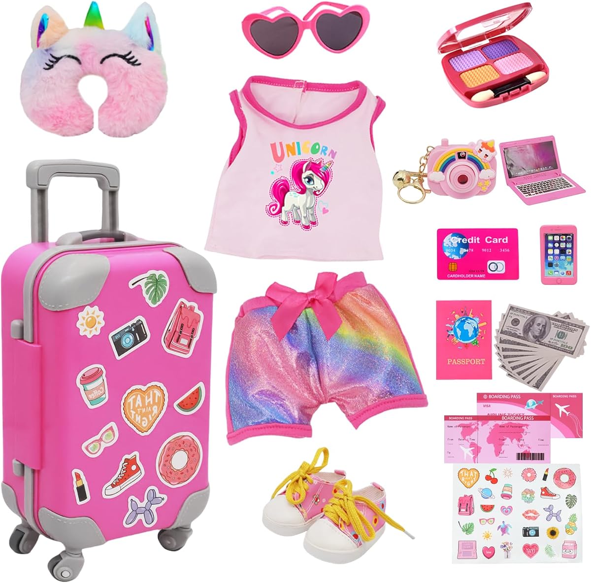 18inch American Doll Clothes and Accessories, Including Travel Suitcase, Clothes, Shoes, Sunglasses, Camera, Passport, Stickers,Phone Travel Gear Play Sets