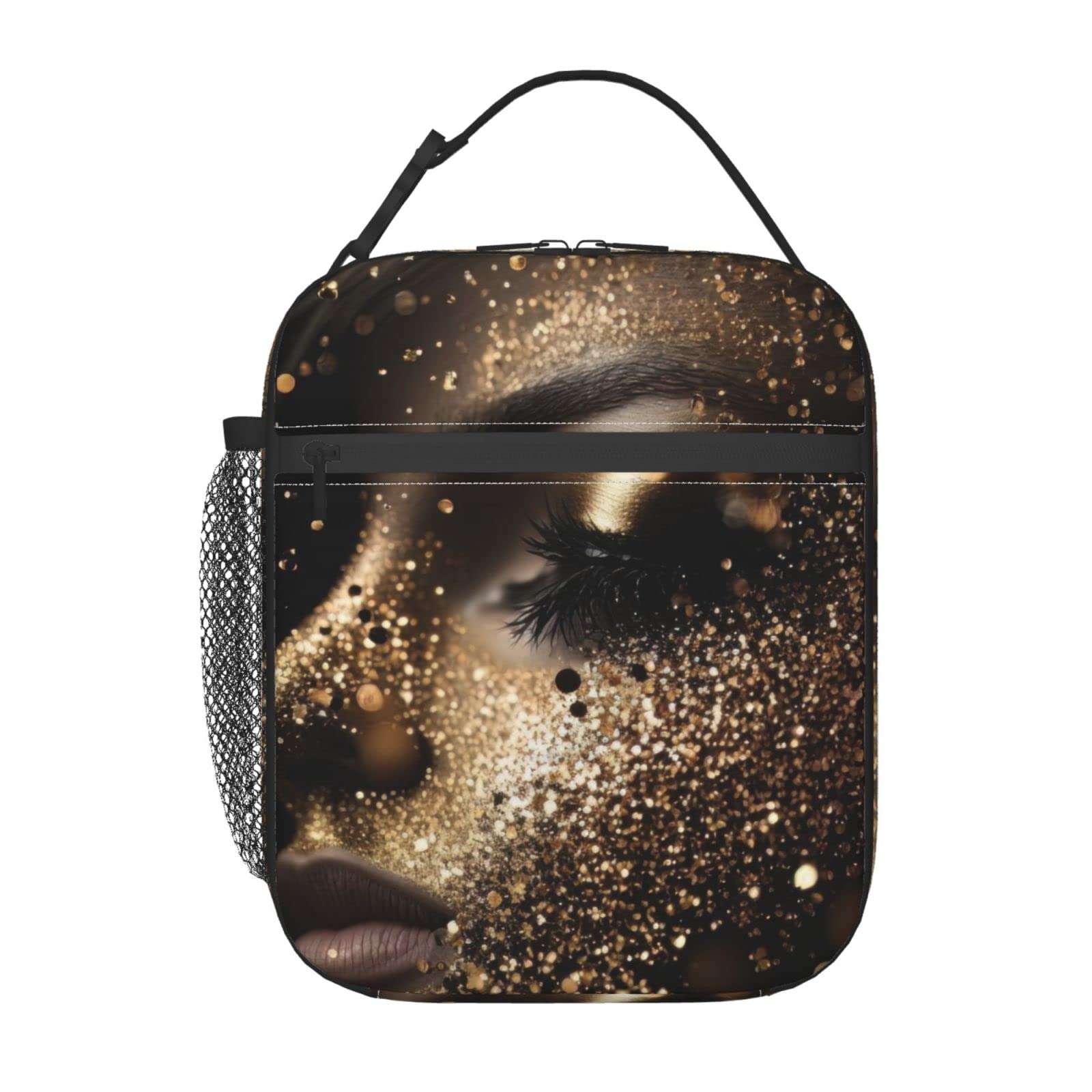 FYCFSLMY Black & Gold Sparkle Woman Outdoor Insulated Lunchbox Reusable Picnic Cooler Bag For Women Men Work Travel Office