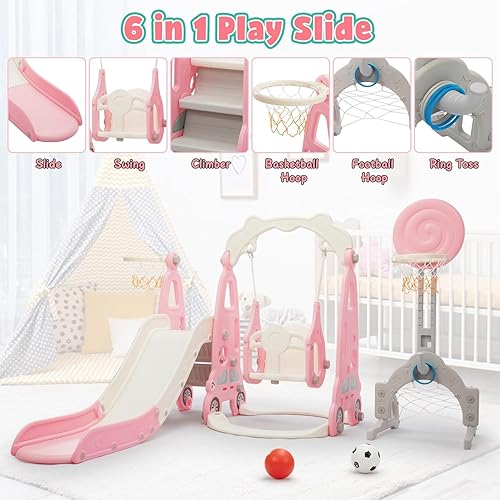 Miniatura 2 de Juego de toboganes 5 en 1 para niños pequeños, estructura de juego para bebés, tobogán para niños con columpio, aro de baloncesto y pelota, campo de