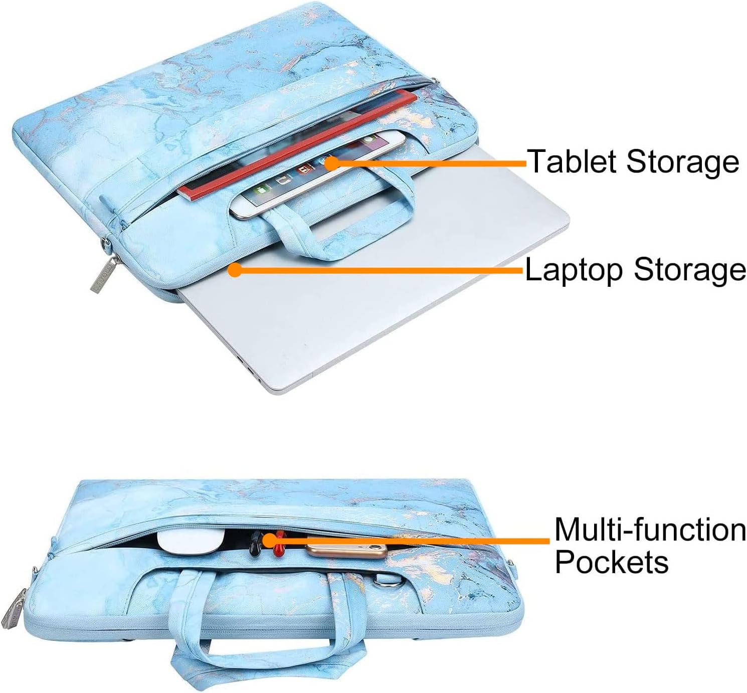 MOSISO Laptop Shoulder Bag Compatible with MacBook Pro 16 inch 2023-2019 M2 A2780 M1 A2485 Pro/Max A2141/Pro 15 A1398,15-15.6 inch Notebook, Watercolor Marble Sleeve with Trolley Belt,Turquoise