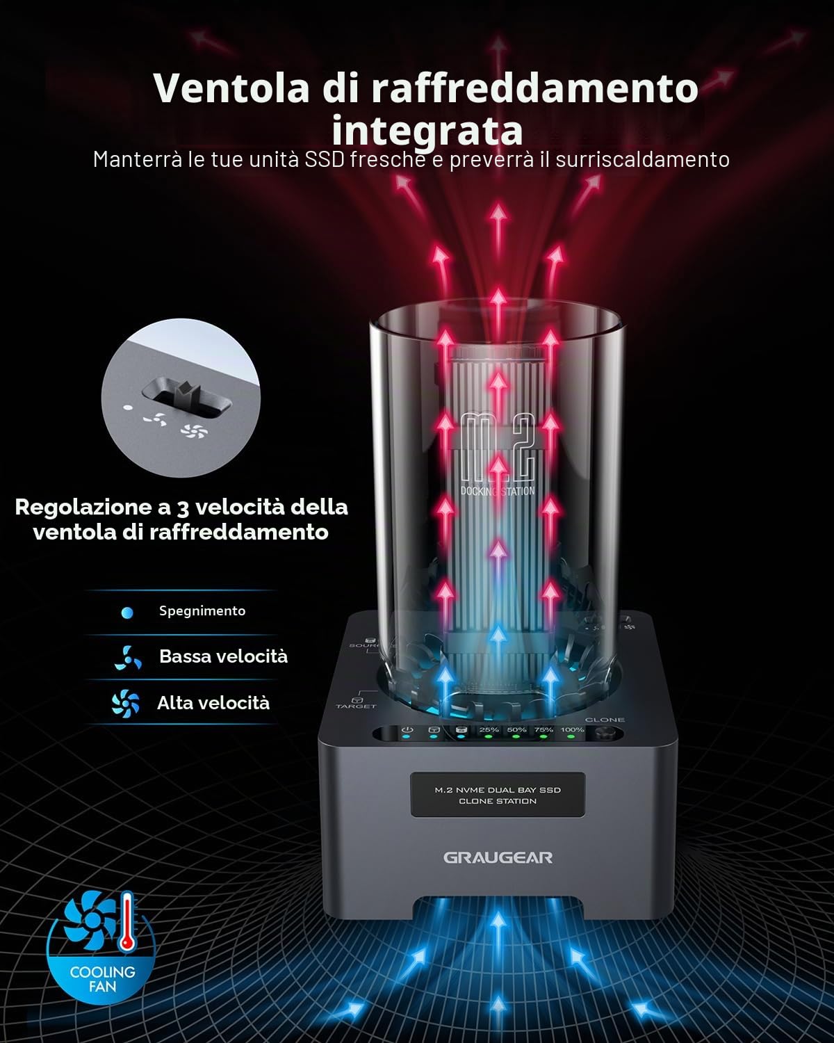 M.2 NVMe SSD Clone Station per M.2 PCIe, M-Key, USB3.2 Gen2x2 20Gbps docking station, 60 mm, alimentatore di rete