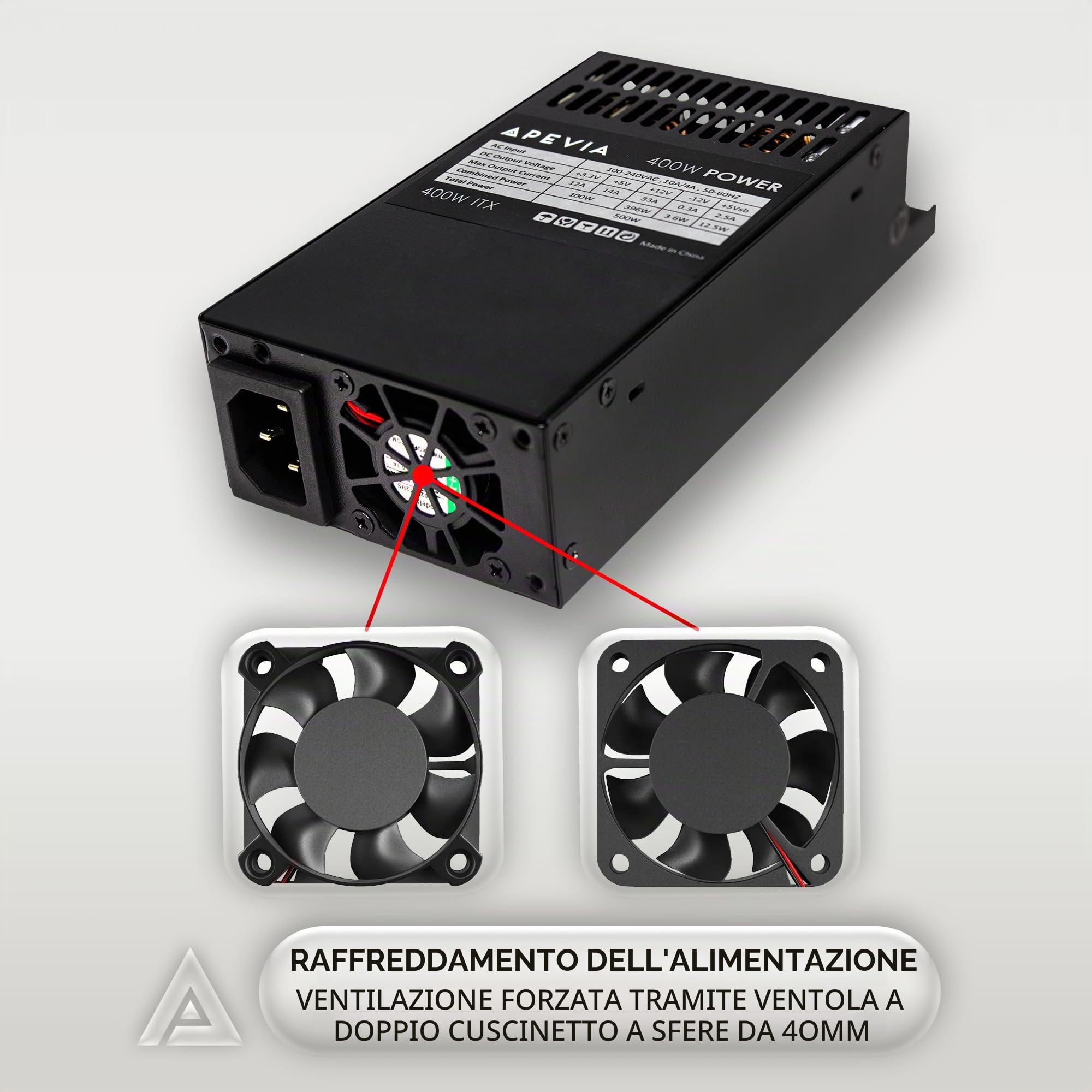 Apevia ITX-PFC400W Mini ITX/Flex ATX / 1U 400W Alimentatore completamente modulare, PFC attivo a gamma completa 90-264V, CA per sistema POS AIO Desktop Gaming Server Fattore di forma piccolo