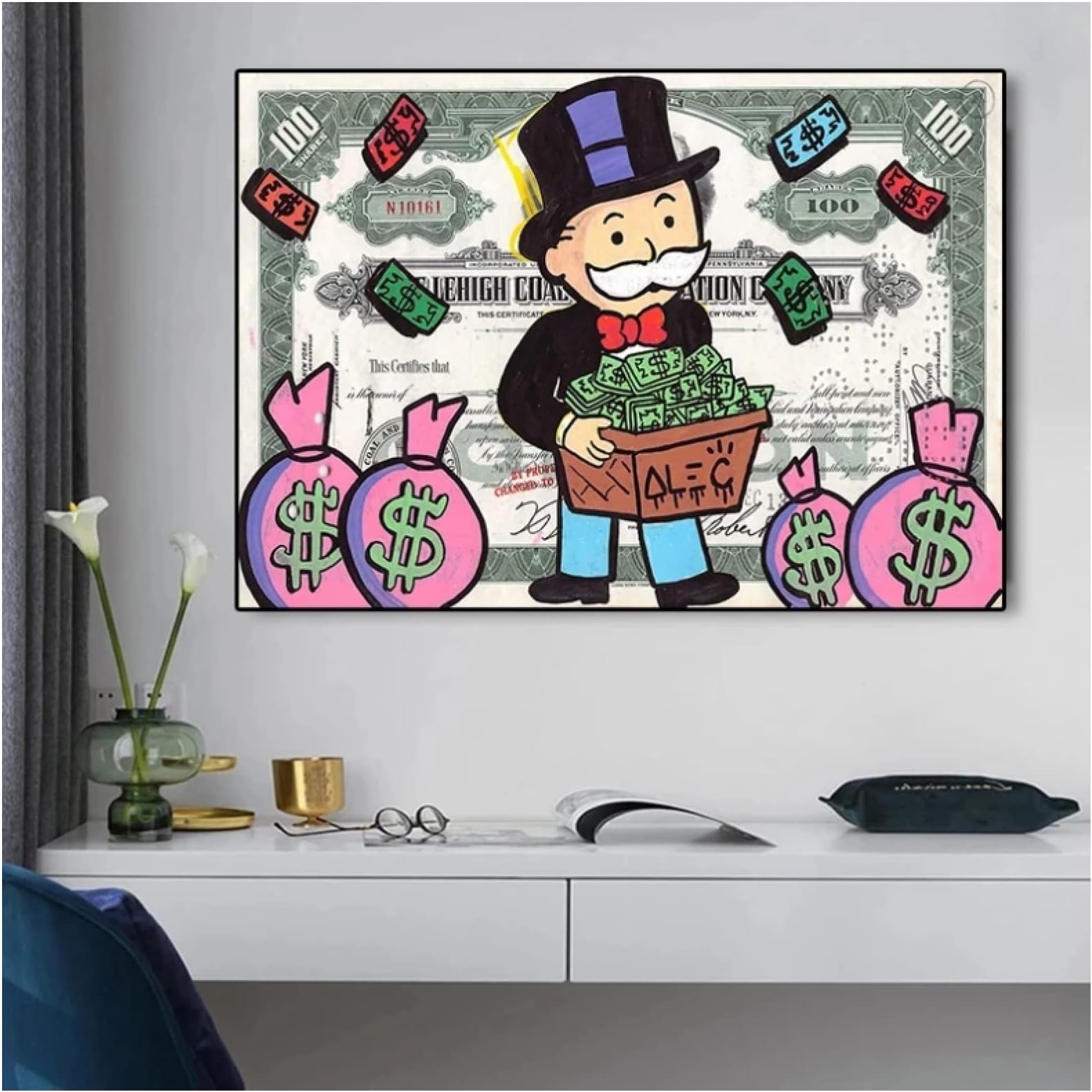 BPA Alec Monopoly Rich Man Money Art Canvas Painting 100 $ Cash Cartoon Poster And Print Wall Art Picture For Living Room Home Decor 50X70Cm No Frame