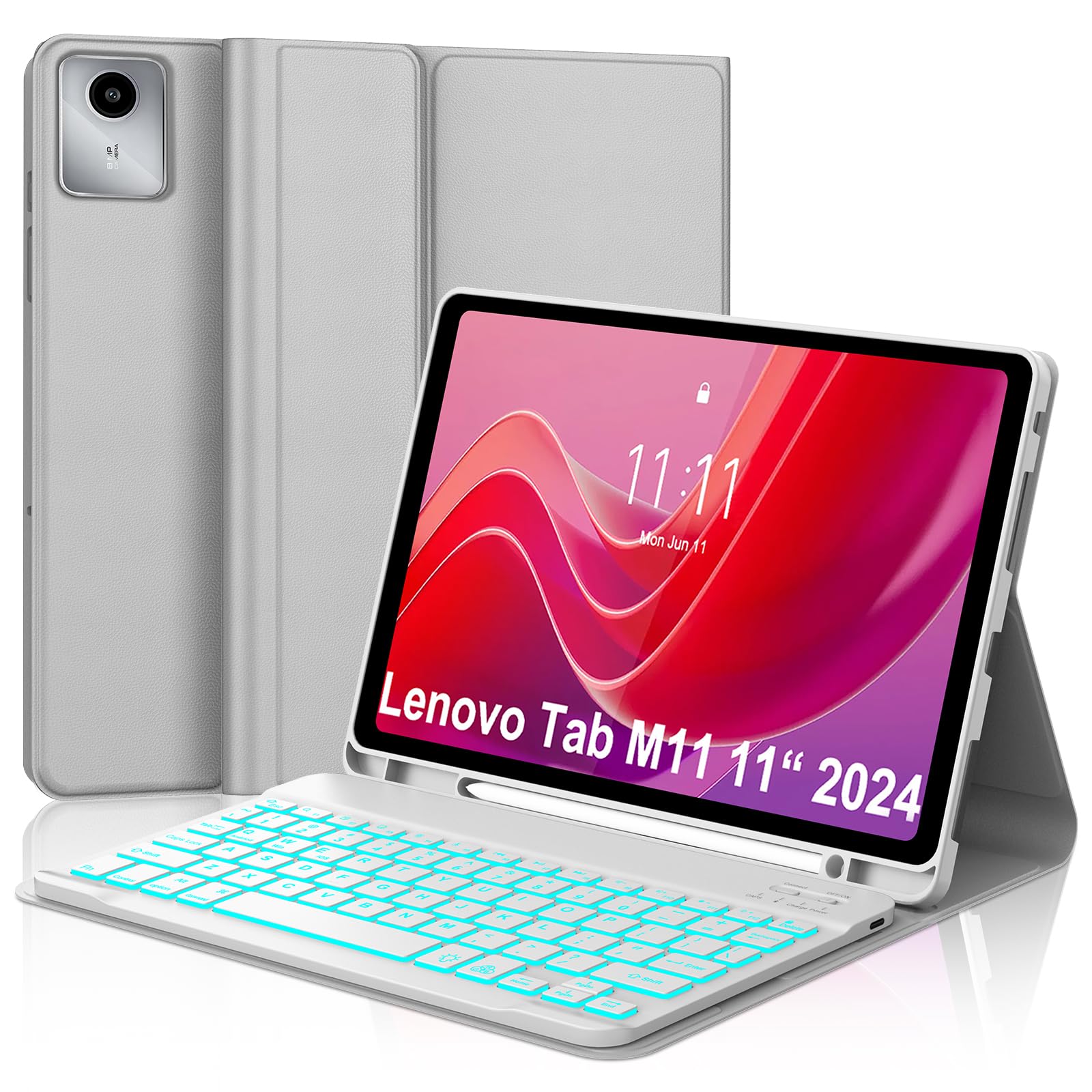 for Lenovo Tab M11 2024 11 Inch Case with Keyboard - 7 Colors Backlit Wireless Detachable Folio Keyboard Cover for Lenovo Tab M11 11 TB-330FU Tablet, Pen Holder Slim & Light, Anto Sleep/Wake, Grey