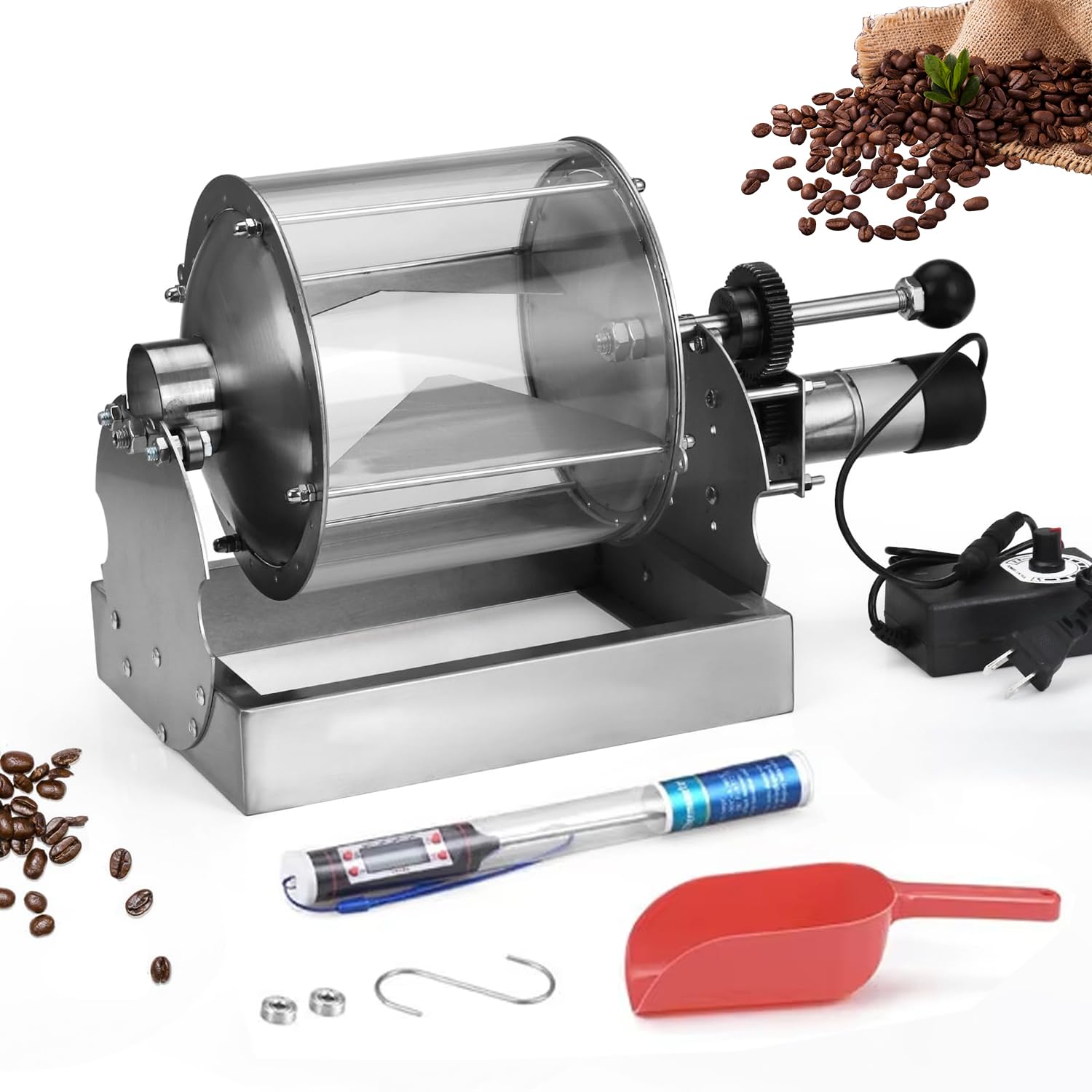 HYQNGCoffee Roaster Home Use, 450g Drum Type Coffee Bean Roaster with Thermometer & Transparent Window, Adjustable Speed Coffee Bean Baker Gas Burner, for Home and Commercial Use