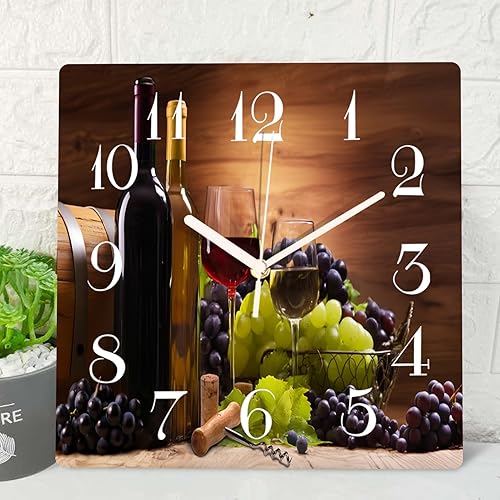 ArtSocket Reloj de pared de madera silencioso sin tictac, uvas de vino tinto, estilo granja, moderno, cuadrado, rústico, reloj de pared decorativo