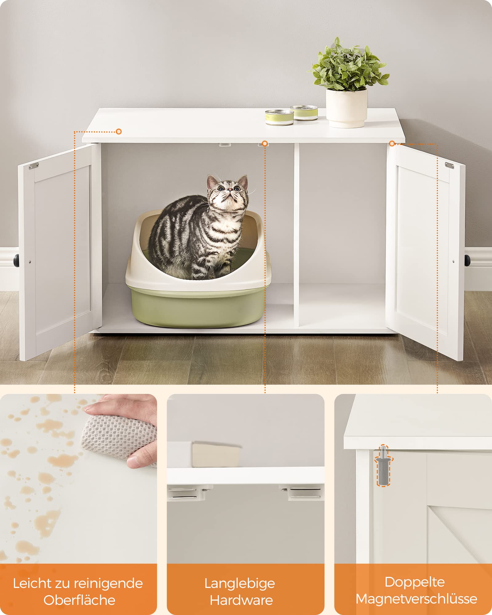 Feandrea Katzenhaus, Katzenklo-Schrank mit herausnehmbarer Trennwand, Tisch, 80 x 53 x 50 cm, weiß PCL002W01