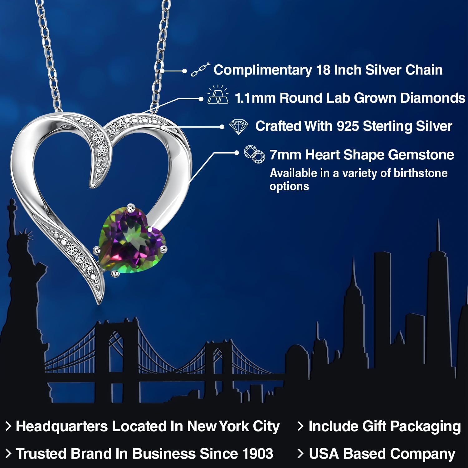 Gem Stone King Customized Personalized Engraved Heart Pendant Necklace For Women | 925 Sterling Silver | 7MM Heart Shape | Gemstone Birthstone and White Lab Grown Diamond | 18 Inch Silver Chain - Image 2